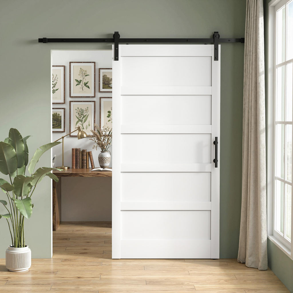 42"x84" Sliding Barn Door with Hardware Kit, Shaker Style Sliding Door with Handle, Track, Floor Guide, White Wood Grain