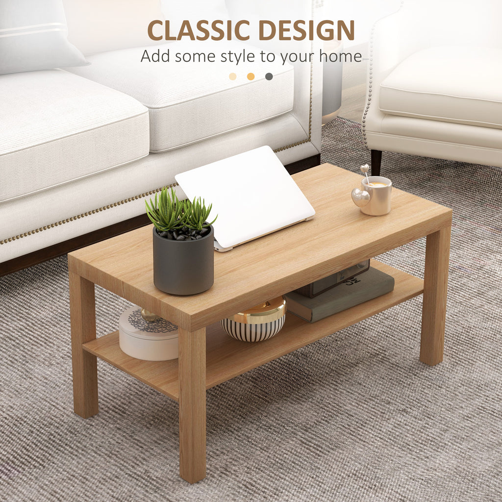2 Tier Coffee Table with Storage Shelf, Rectangular Center Table for Living Room, Home Office Furniture Nature Wood