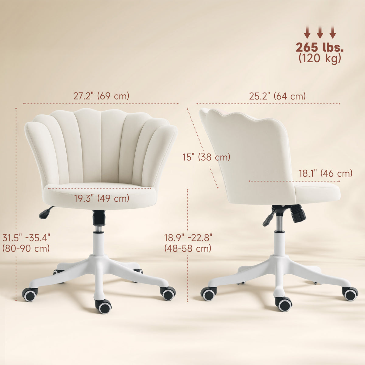 Office Chair, Armless Swivel Desk Chair with Adjustable Height, Backrest, Tilt Function for Office, Vanity, Cream White