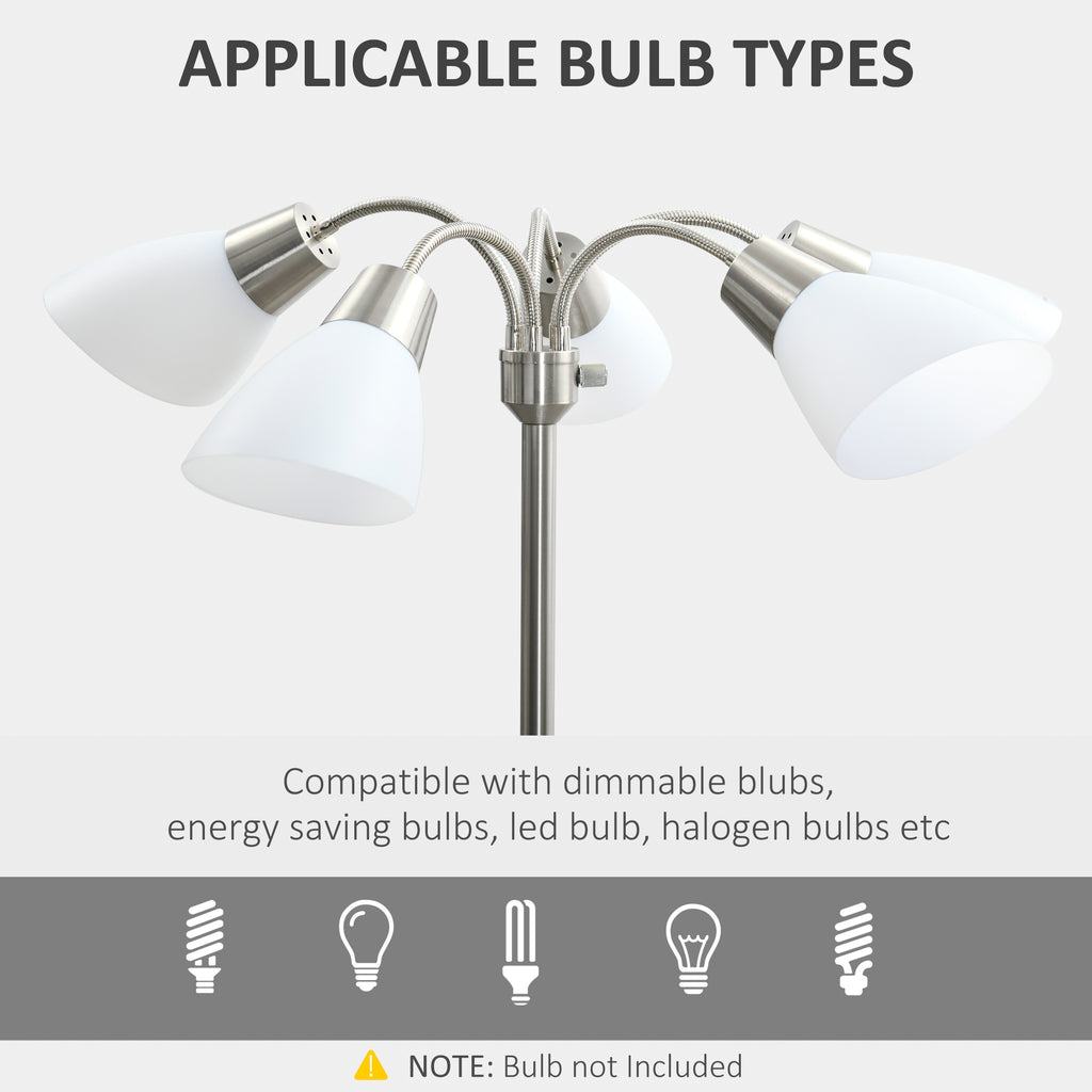 Arc Tree Floor Lamp with 5 Adjustable Rotating Lights, Modern Standing Gooseneck Reading Light for Living Room Bedroom Office, Satin Nickel