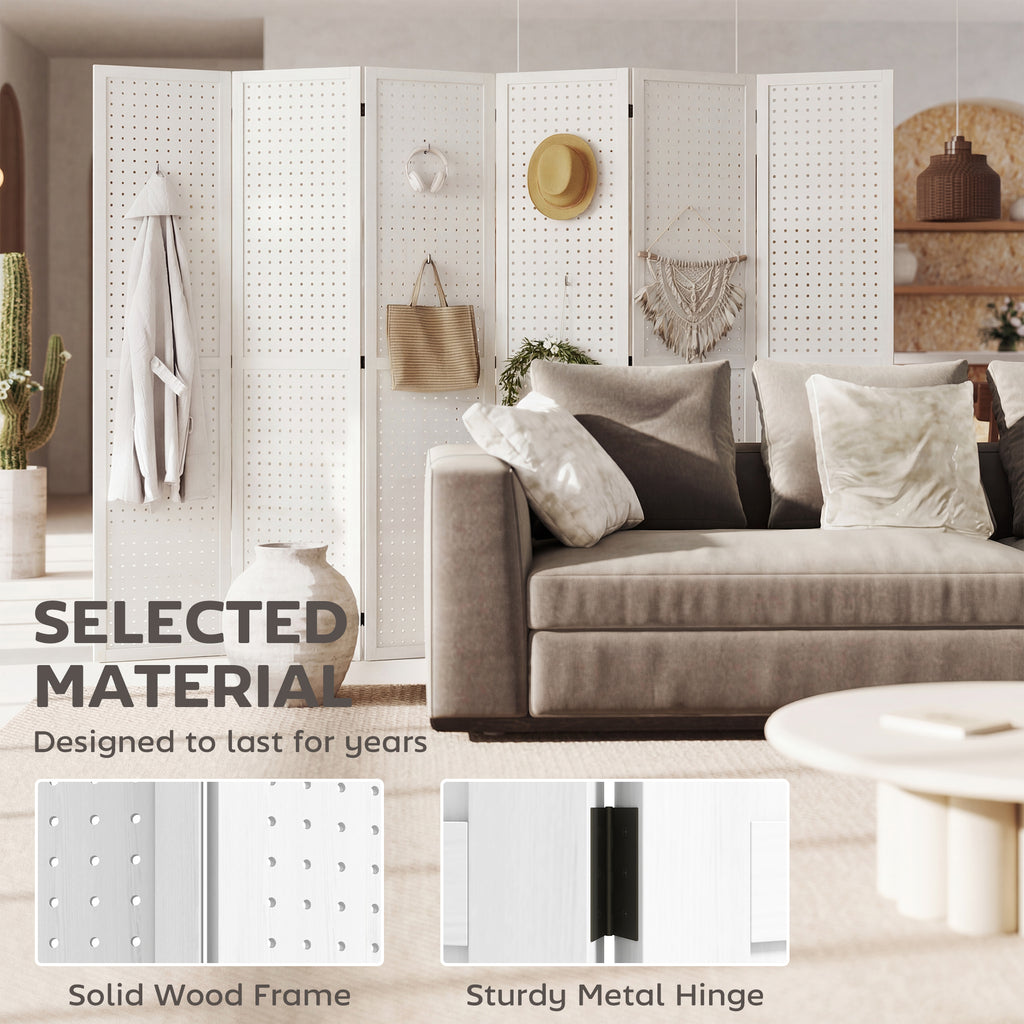 5.6 Ft. Tall 4-Panel Room Divider, Pegboard Panel Folding Privacy Screen, Partition Wall Divider for Bedroom, White