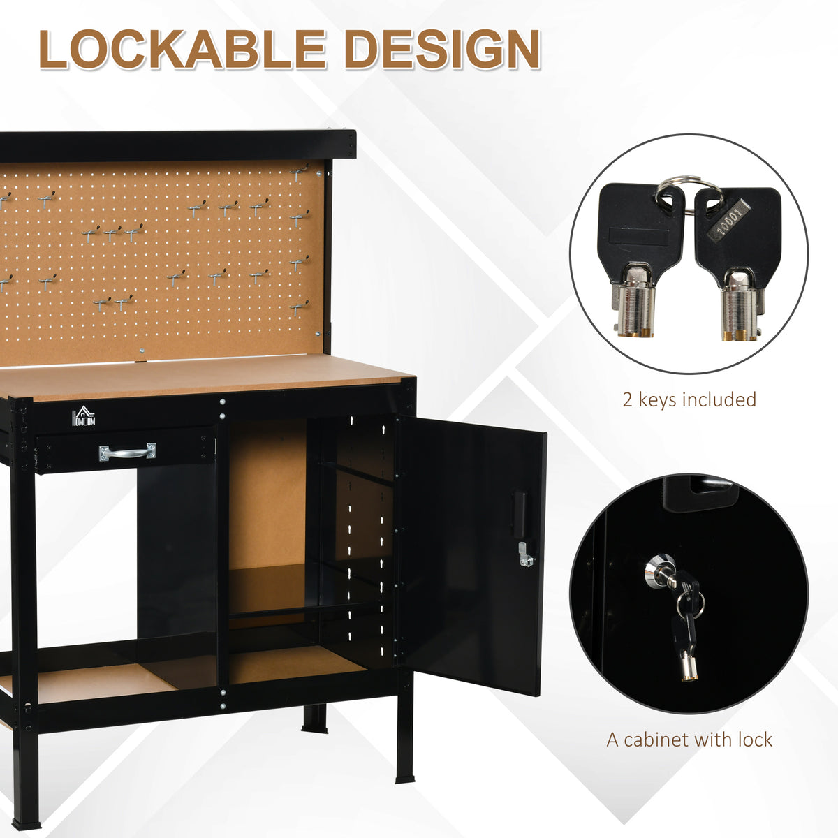 Multipurpose Tool Workbench for Garage, Garage Bench with Storage Drawer, Peg Board, Lockable Cabinet