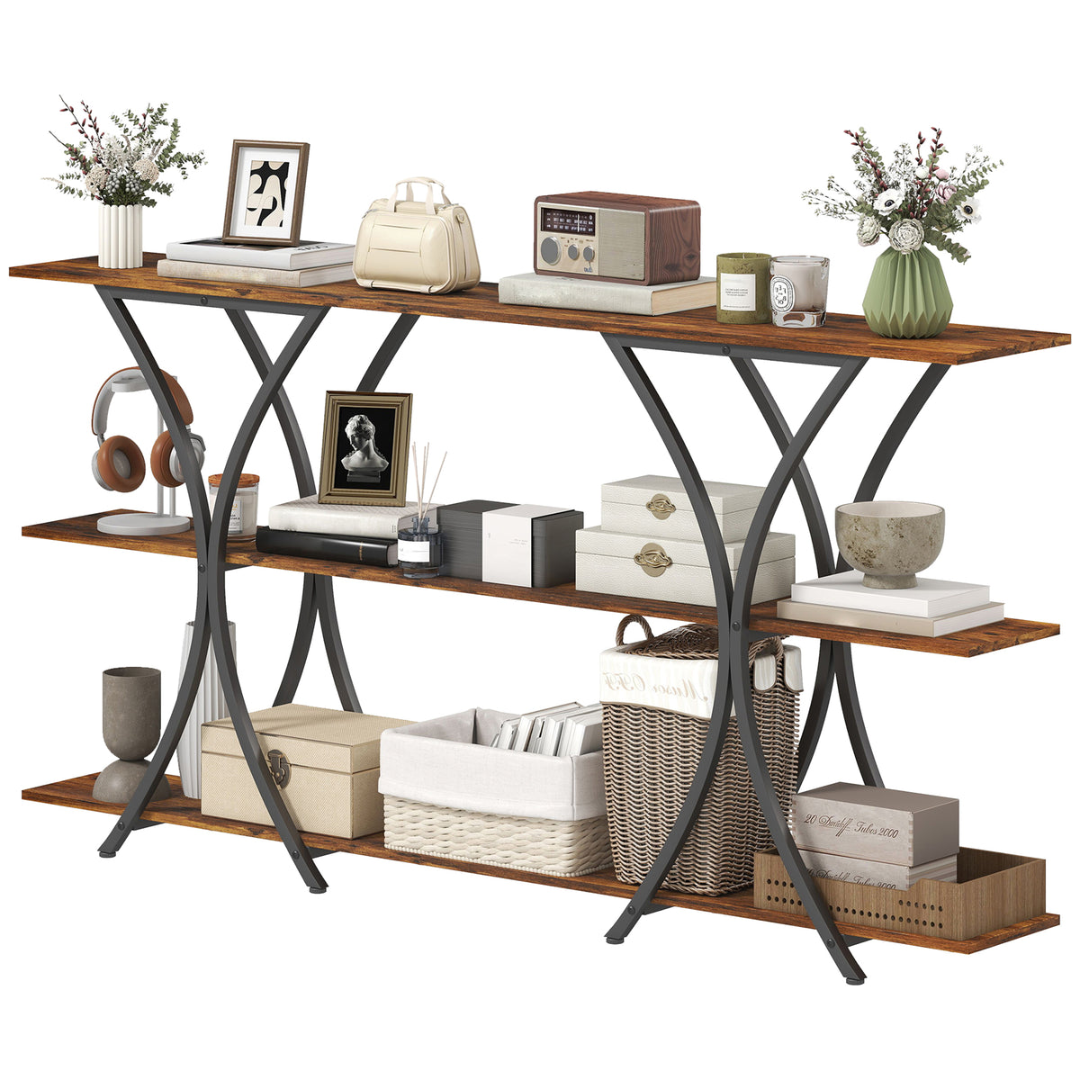 71" Console Table, 3-Tier Industrial Entryway Table with 2 Storage Shelves for Living Room, Hallway, Rustic Brown