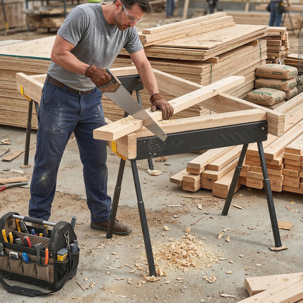 Mitre Saw Stands, Sawhorses with Height Adjustable Legs, 2x4 Bracket, Carry Handle, Black
