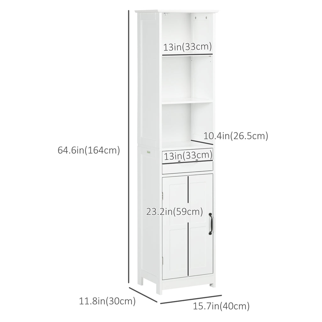 Modern Bathroom Cabinet, Narrow Bathroom Vanities with 3 Open Shelves, Drawer and Adjustable Shelf, White