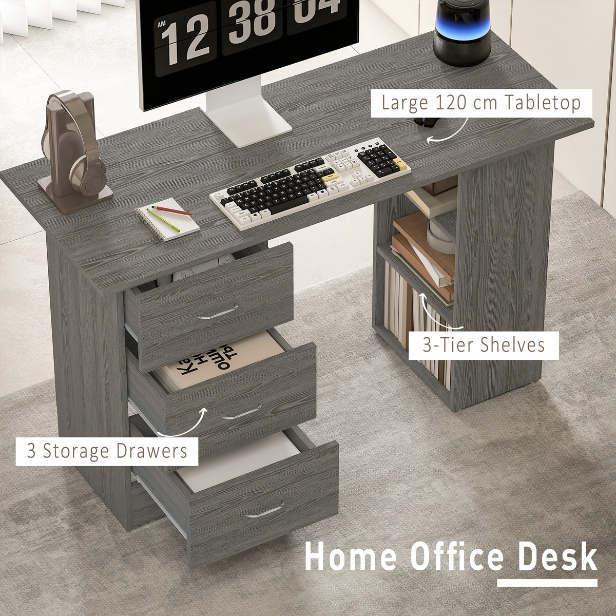 Computer Desk, 47" Writing Table with 3-Tier Shelves and 3 Reversible Drawers for Home Office, Bedroom, White