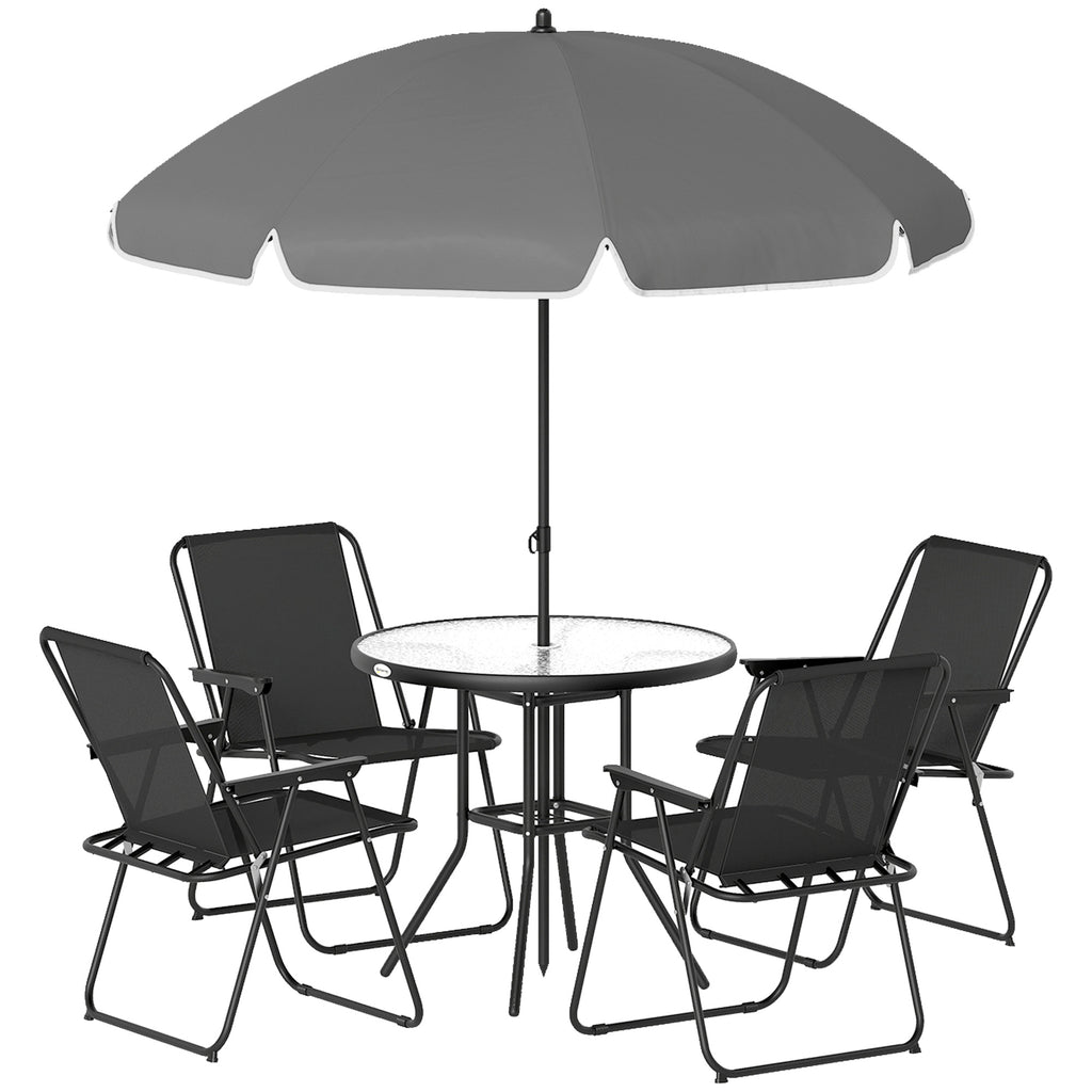 6 Pieces Patio Dining Set with Umbrella, Patio Furniture Set with Folding Chairs, Glass Table for Garden Backyard, Grey