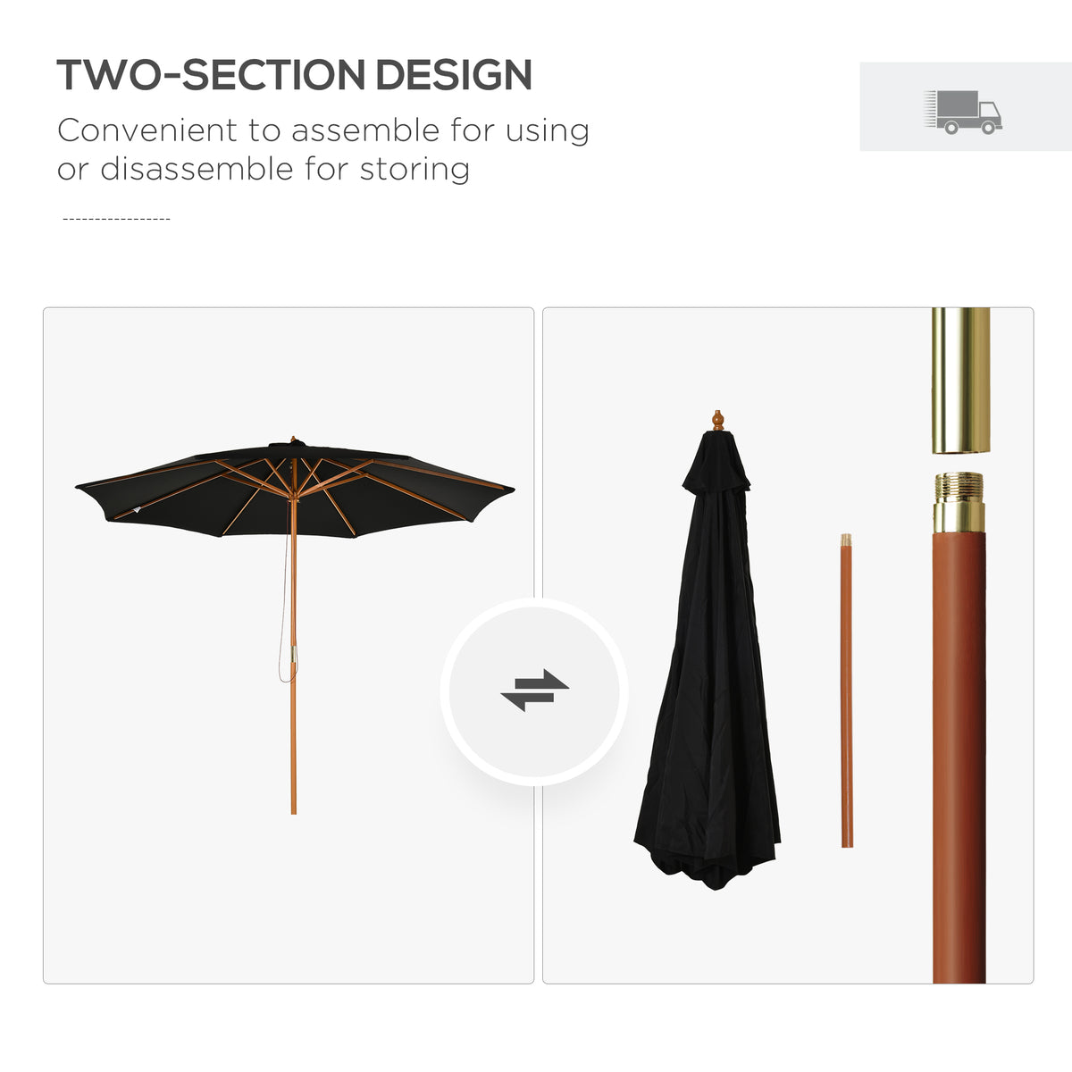 10' x 8' Wooden Patio Umbrella, Garden Parasol, Outdoor Sunshade Canopy with Bamboo Rib for Outdoor, Grey