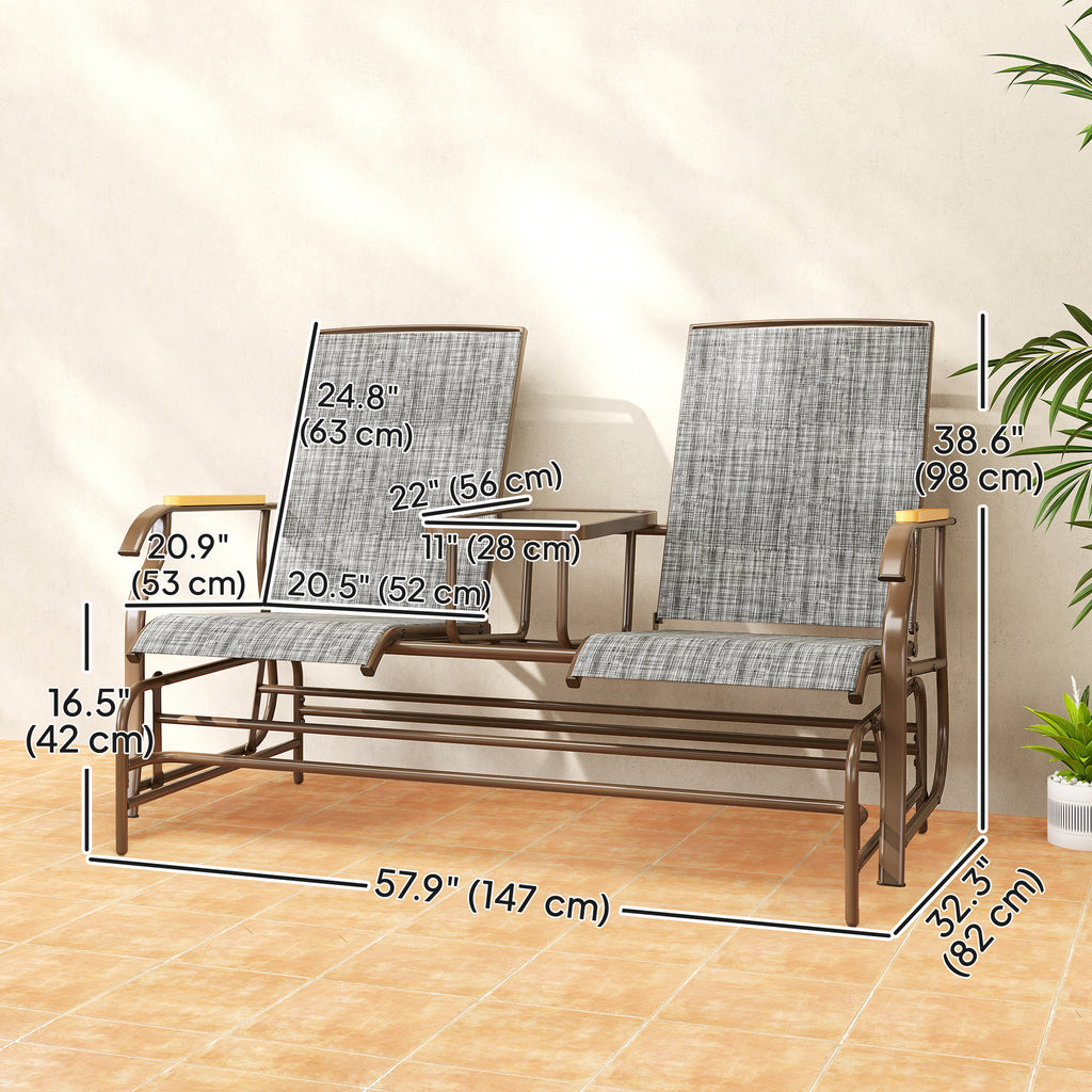 Outdoor 2-Person Glider Bench, Outside Swing Glider Chair Loveseat with Breathable Mesh, Table, Steel Frame