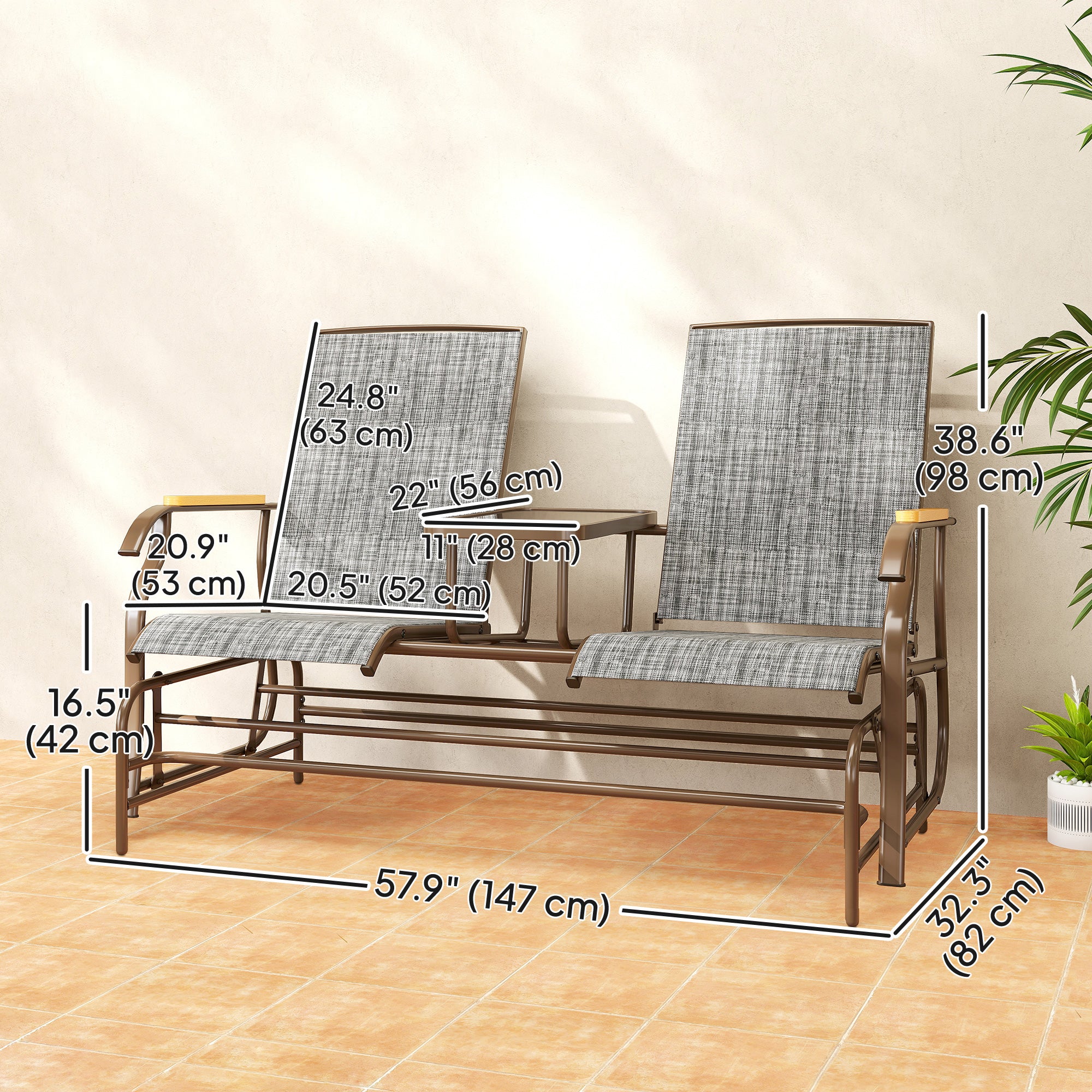 Outdoor 2-Person Glider Bench, Outside Swing Glider Chair Loveseat with Breathable Mesh, Table, Steel Frame