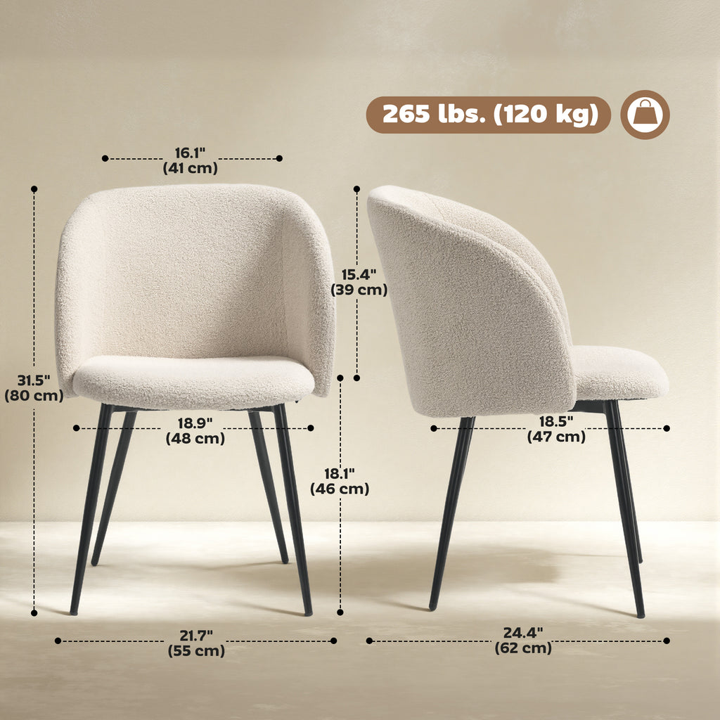 Dining Chairs Set of 2, Sherpa Fleece Upholstered Kitchen Chairs with Backrest and Steel Legs, Cream White
