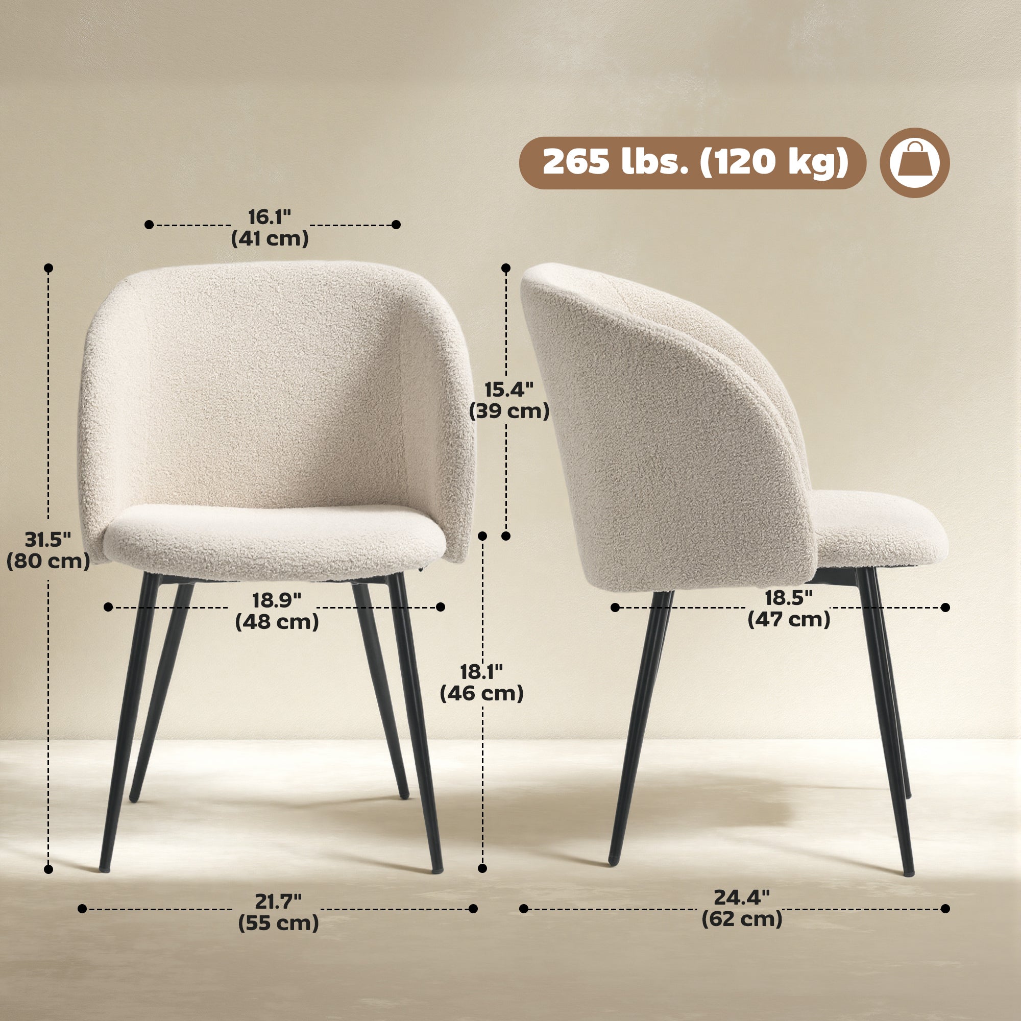 Dining Chairs Set of 2, Sherpa Fleece Upholstered Kitchen Chairs with Backrest and Steel Legs, Cream White