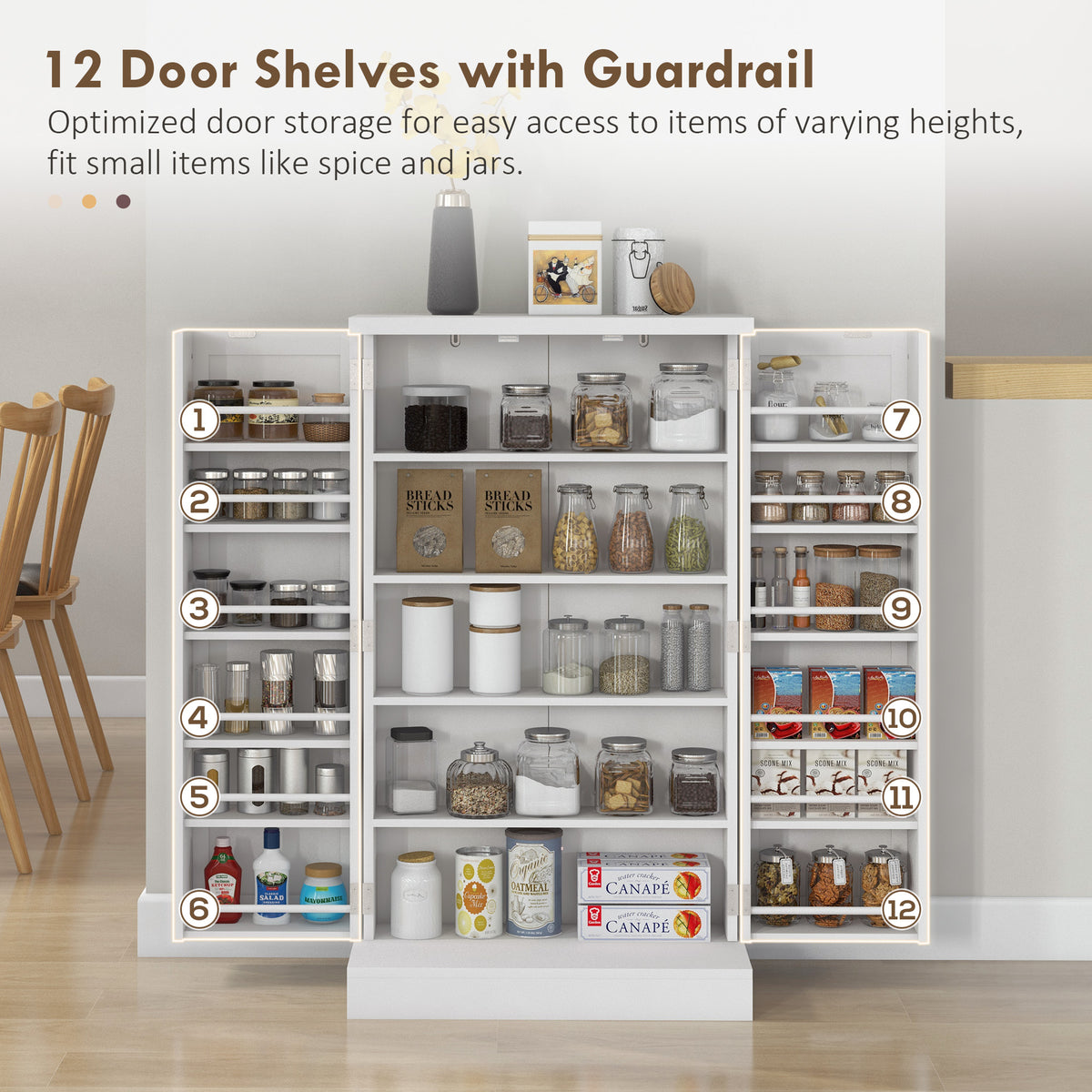 Freestanding Kitchen Pantry Storage Cabinet Kitchen Cabinet with 5-Tier Shelf 12 Spice Racks Adjustable Shelves White