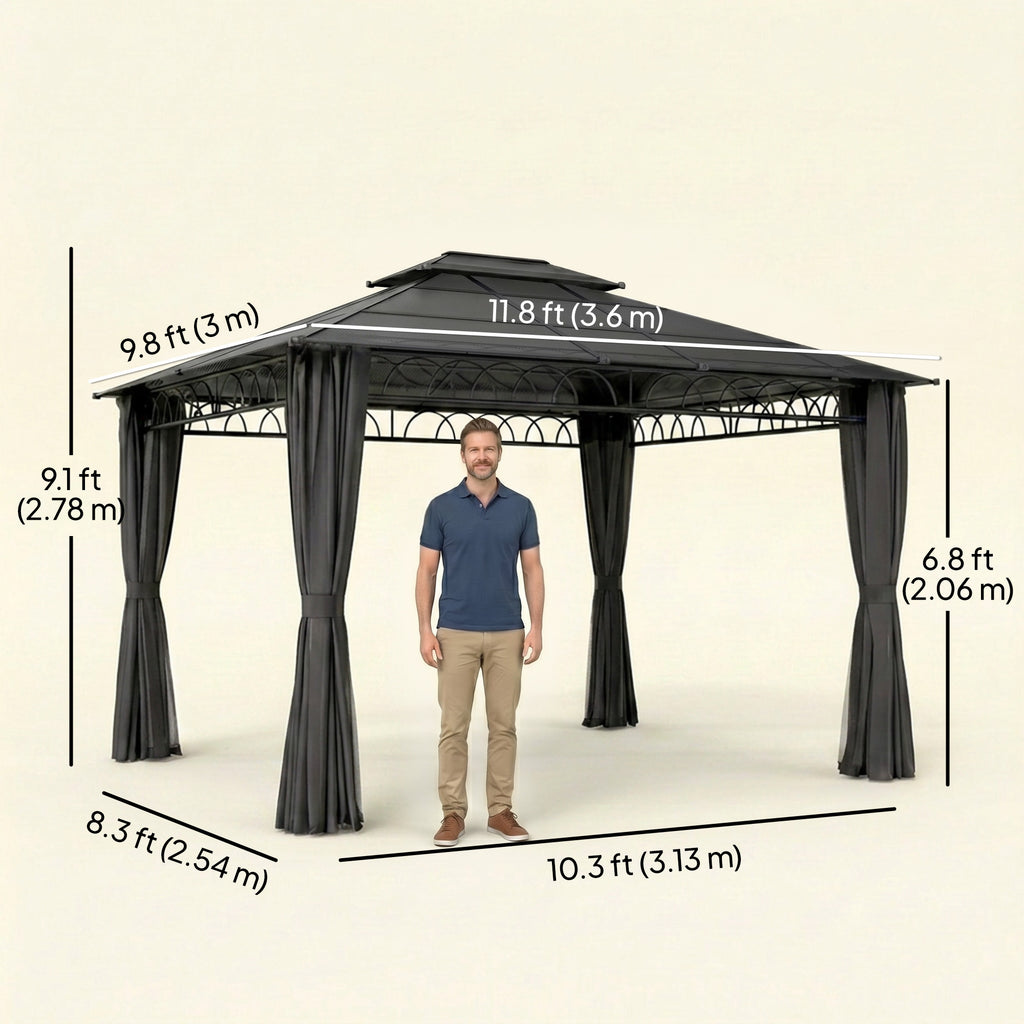 مظلة خارجية 10' × 12'، سقف صلب مزدوج للمظلة مع سقف من البولي كربونات، وهيكل فولاذي، وشبكات وستائر