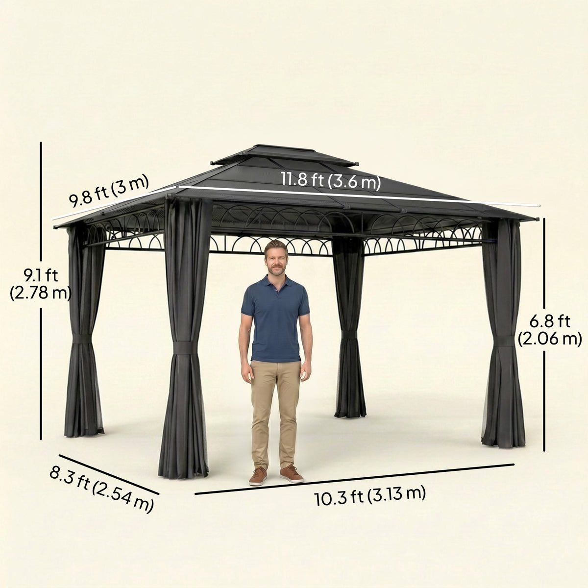 مظلة خارجية 10' × 12'، سقف صلب مزدوج للمظلة مع سقف من البولي كربونات، وهيكل فولاذي، وشبكات وستائر