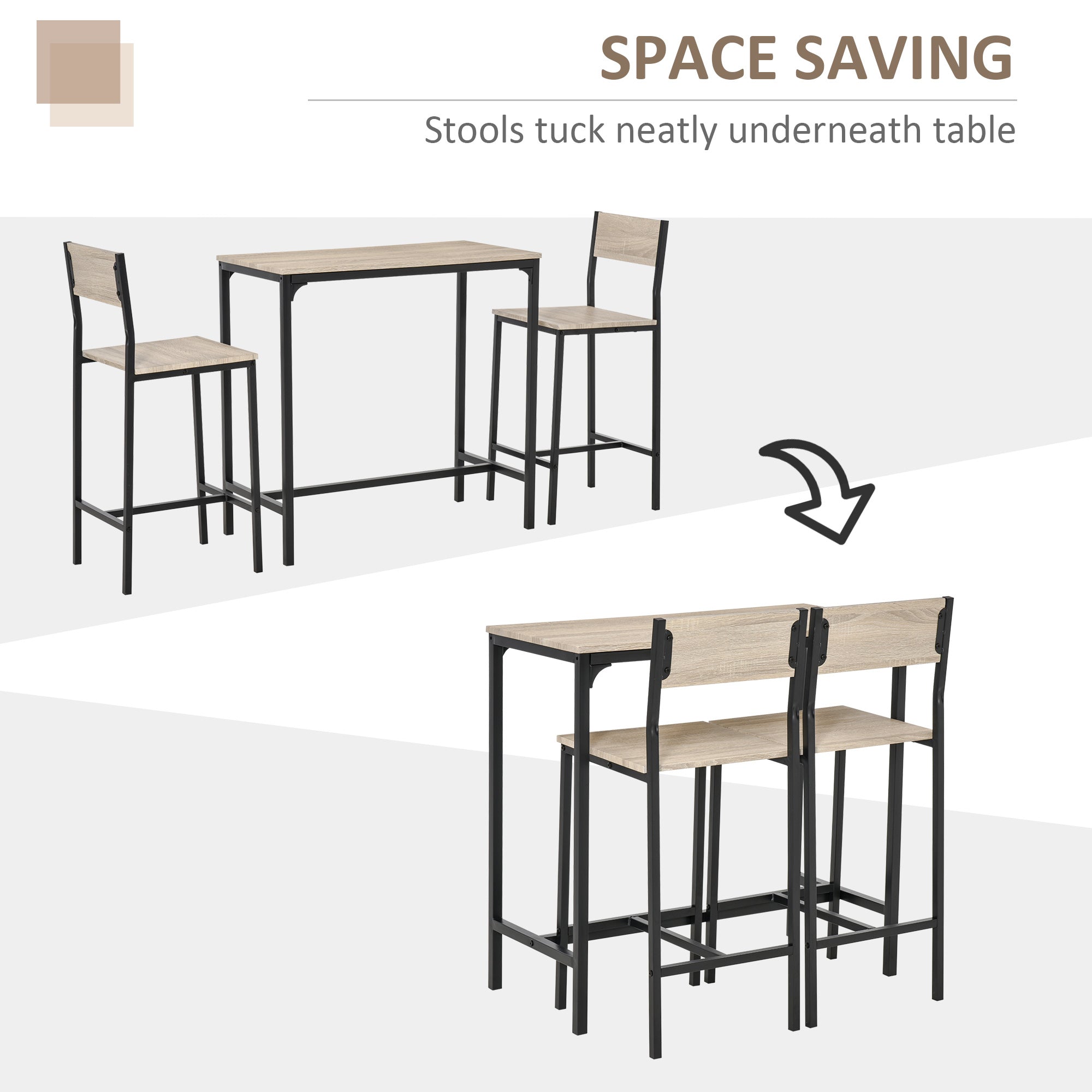 Industrial Bar Table Set Counter Height 3 Piece and 2 High Back Stools Set Dining Table Set Natural Wood