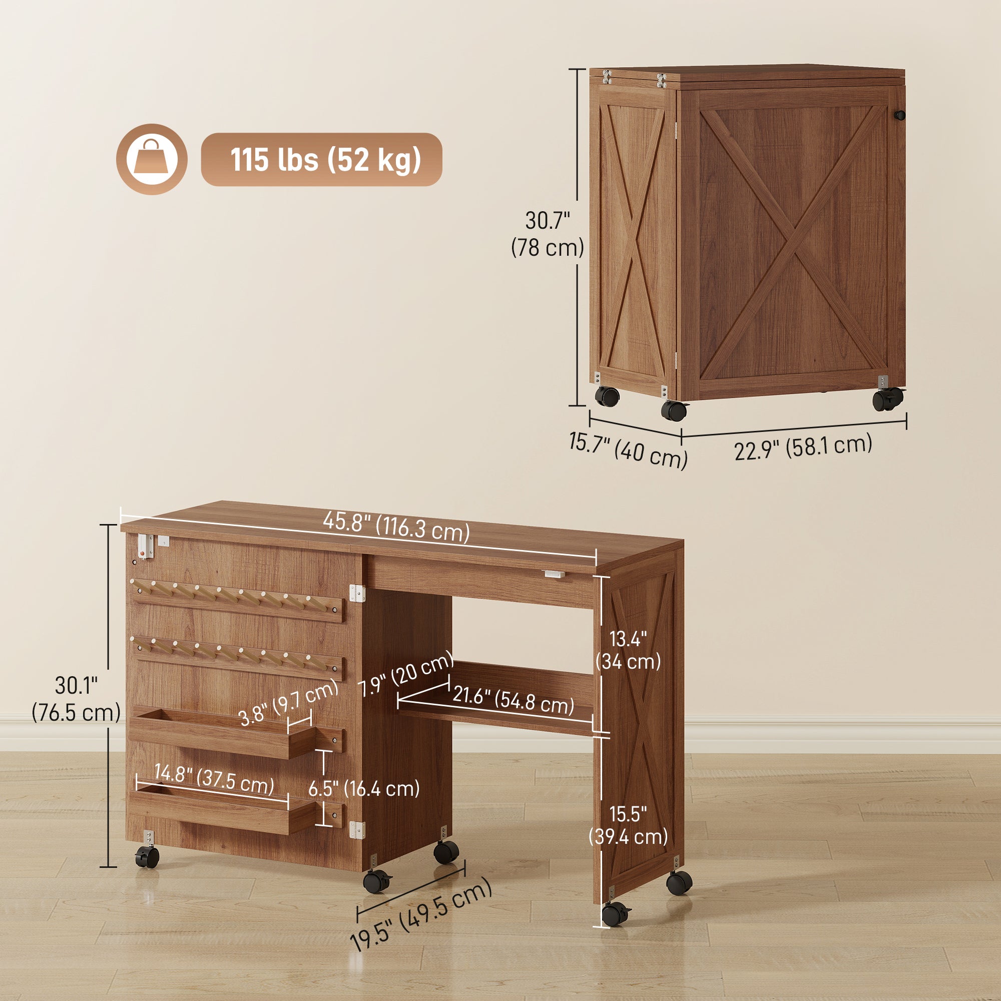 Sewing Machine Table on Wheels, Folding Craft Table with 2 Bins, Storage Shelf, 18 Pegs, Lockable Wheels, Brown