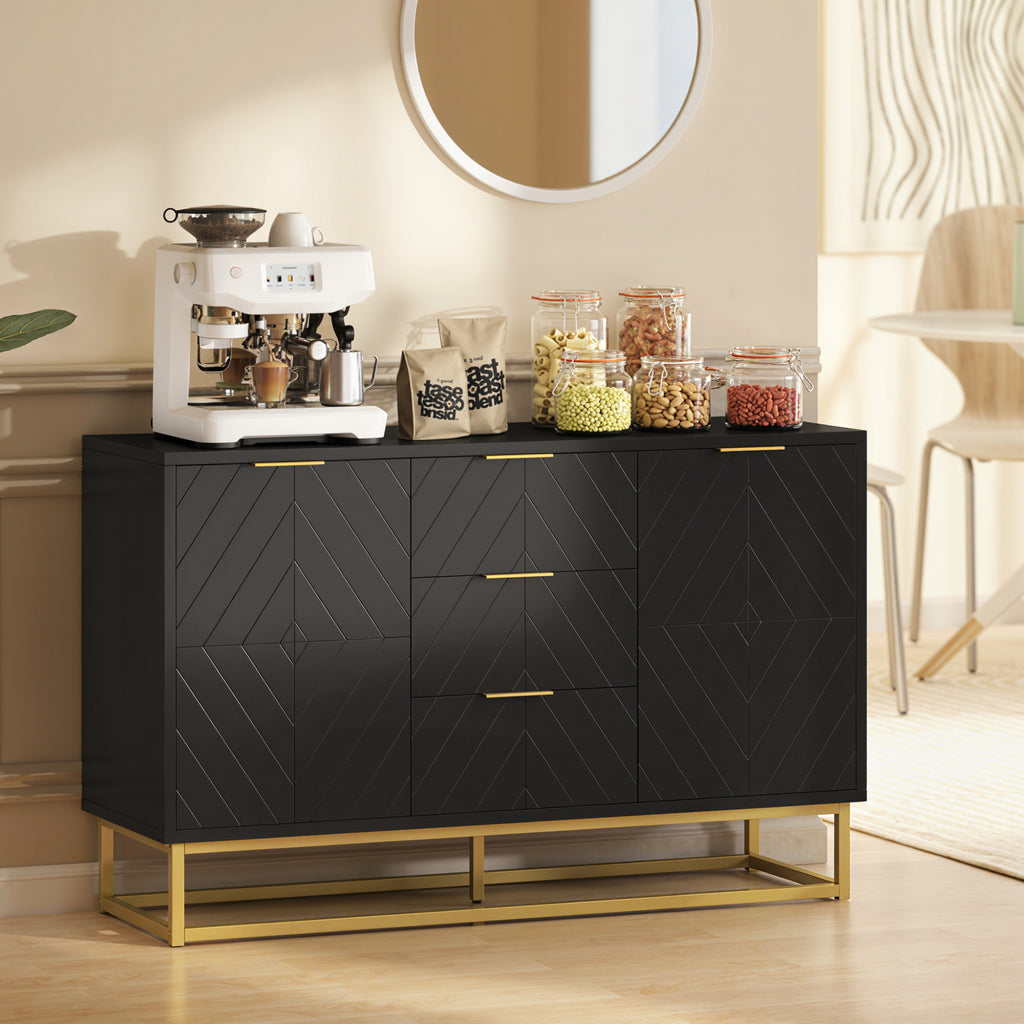 Sideboard Storage Cabinet with 3 Drawers, Adjustable Shelves and Doors, Kitchen Buffet Cabinet for Dining Room, Grey