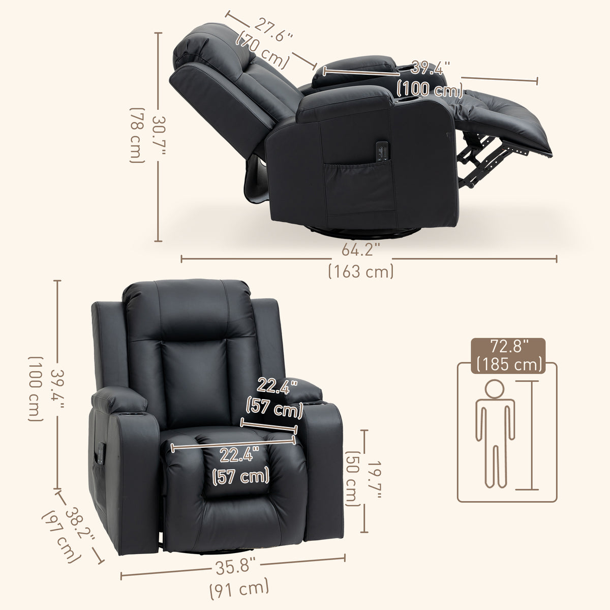 Swivel Massage Recliner Chair Rocker, Overstuffed Manual Reclining Sofa, PU Leather Rocking Chair with Side Pockets, Cup Holders, for Living Room, Nursery, Brown