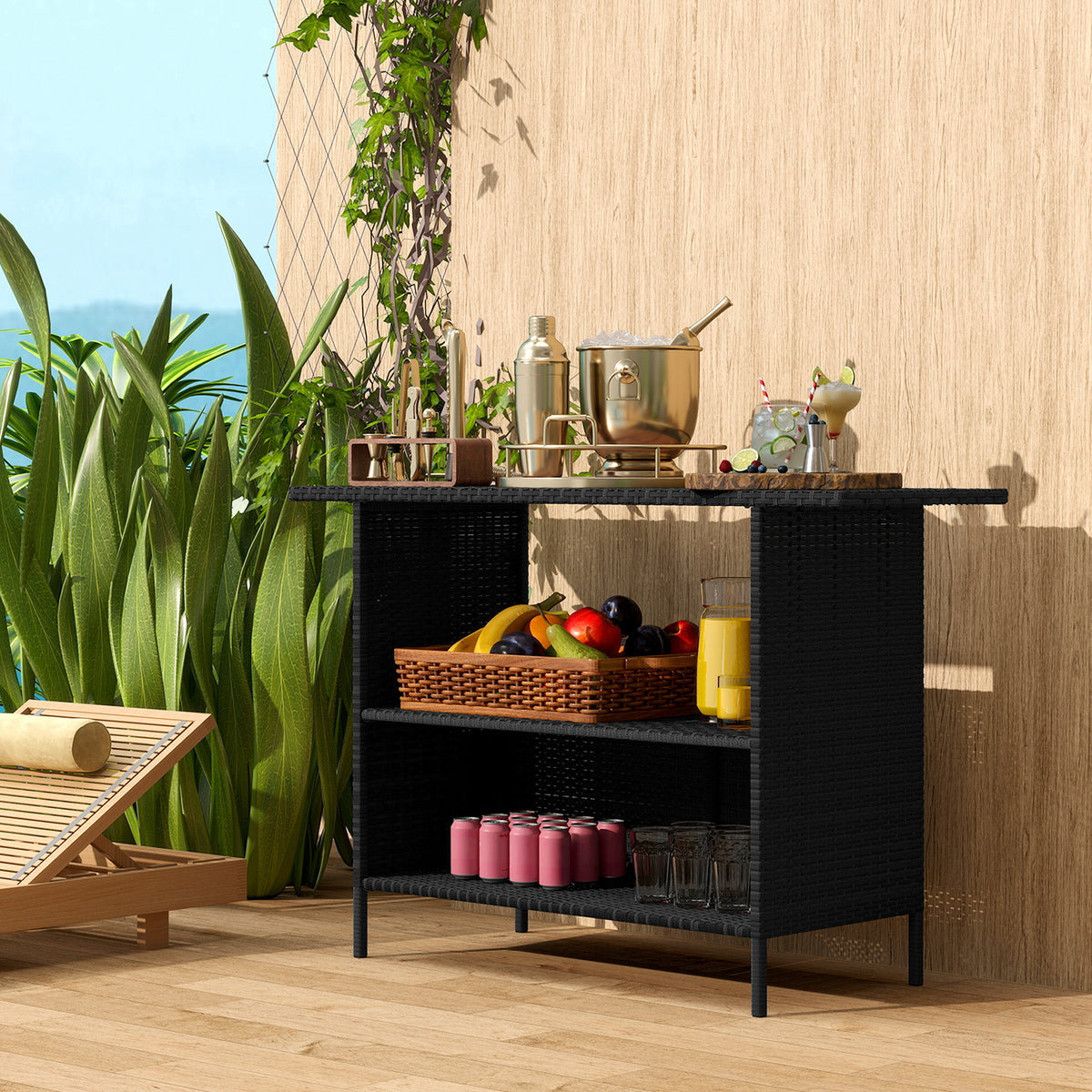 Wicker Outdoor Bar Table, PE Rattan Bar Height Patio Table with 2 Shelves, Steel Frame for Garden, Backyard, Black