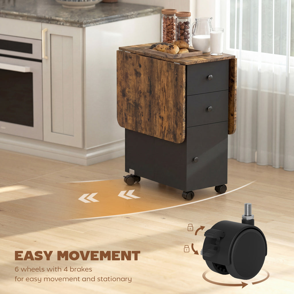 Drop Leaf Dining Table, Mobile Folding Table on Wheels with Drawers and Cabinet for Dining Room, Rustic Brown and Black