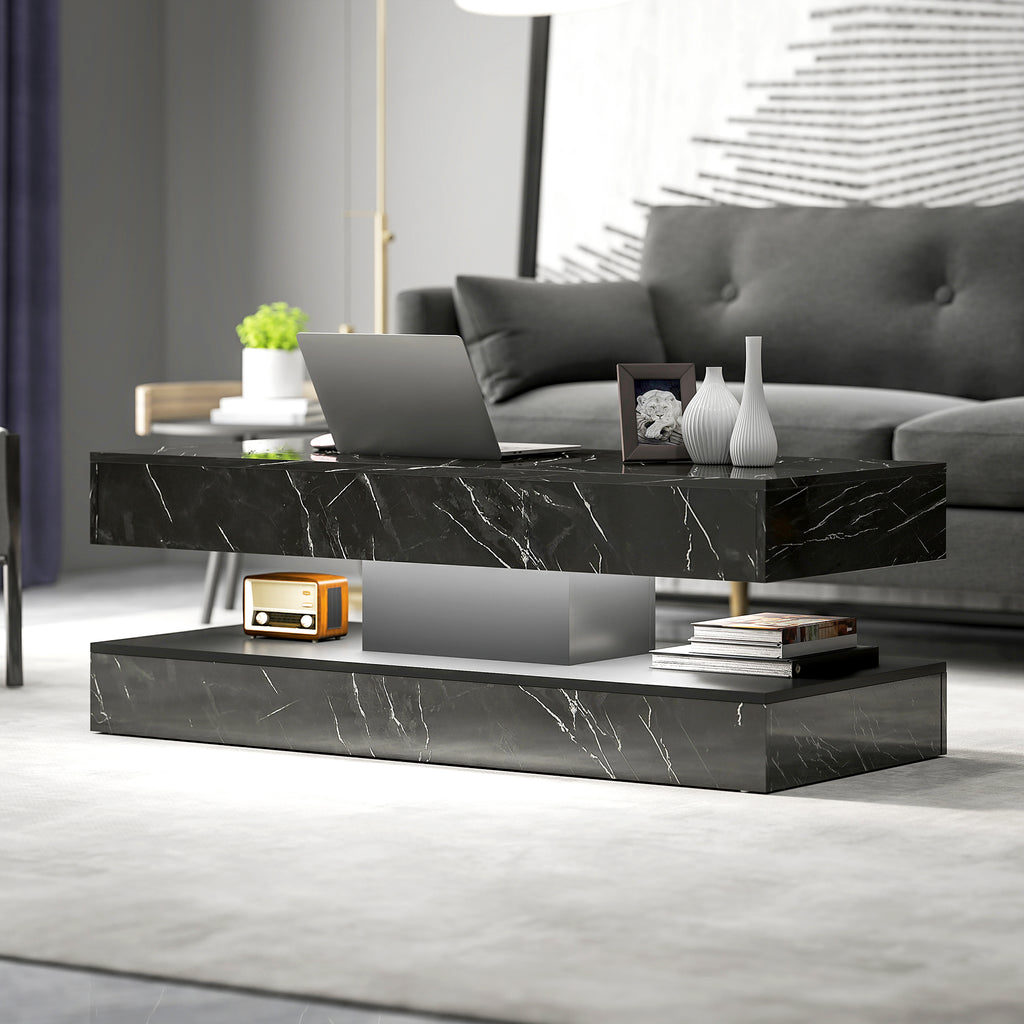 Coffee Table with Adjustable LED Lights, Center Table with 2 Drawers, Open Shelf, Remote, High Gloss Marble-Effect White