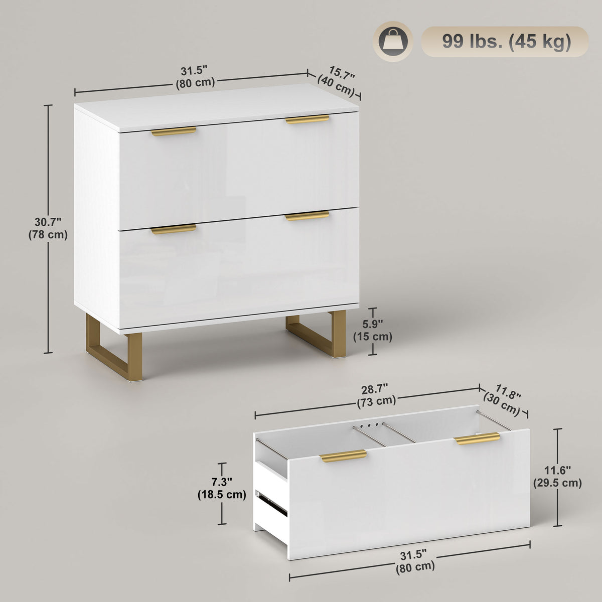 Lateral File Cabinet with 2 Drawers, Modern Filing Cabinet for Letter/A4/Legal Size Files, High Gloss Black