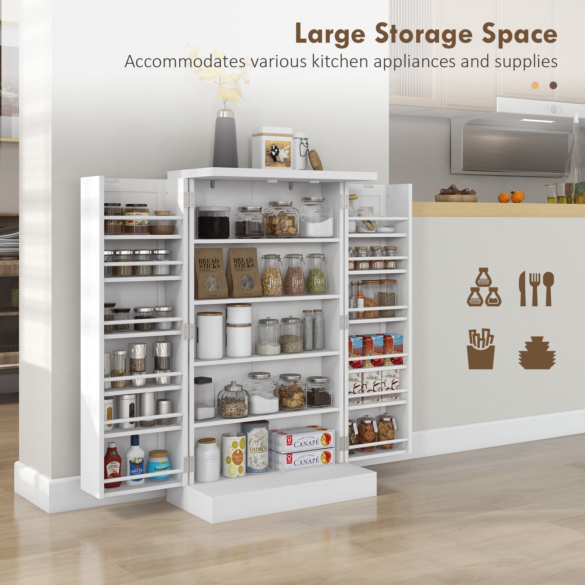 Freestanding Kitchen Pantry Storage Cabinet Kitchen Cabinet with 5-Tier Shelf 12 Spice Racks Adjustable Shelves White
