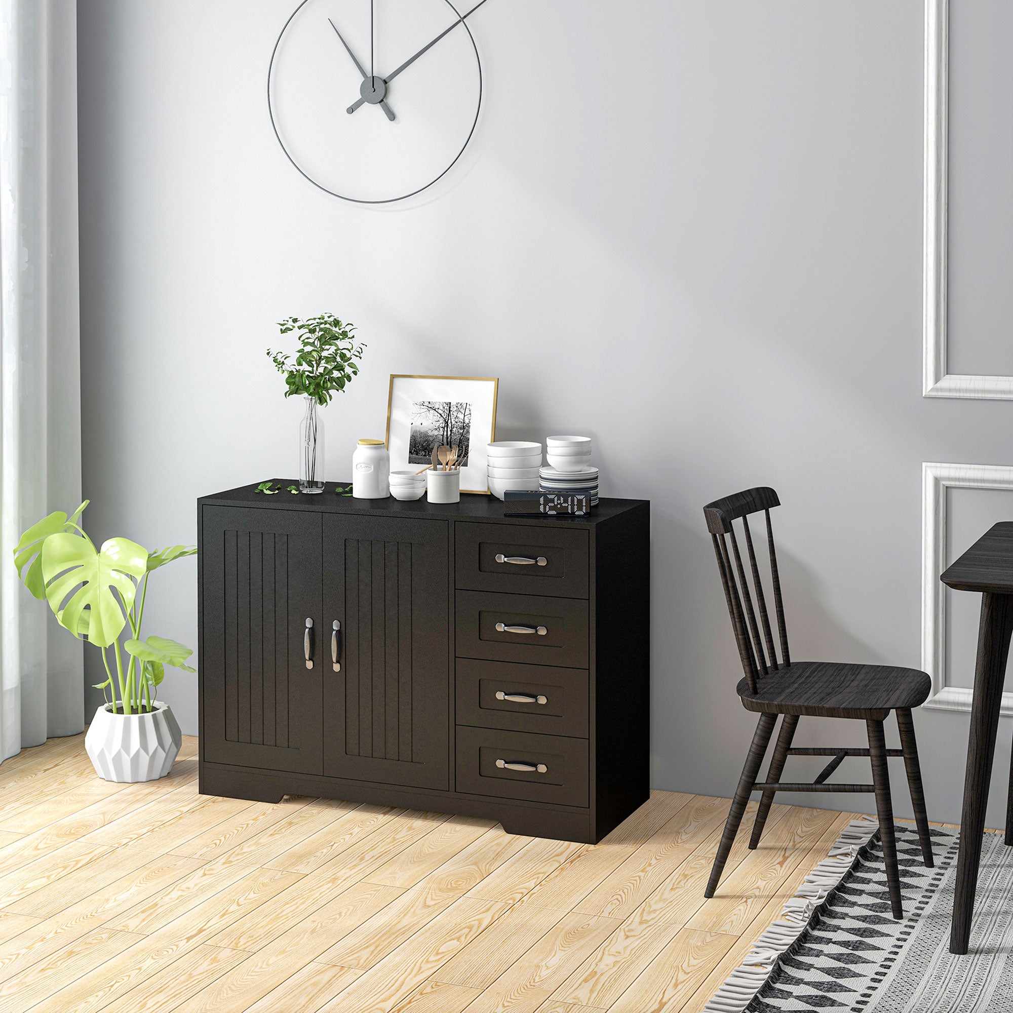 Modern Sideboard Buffet Cabinet with 4 Drawers and 2 Beadboard Doors, Kitchen Storage Cabinet, Black