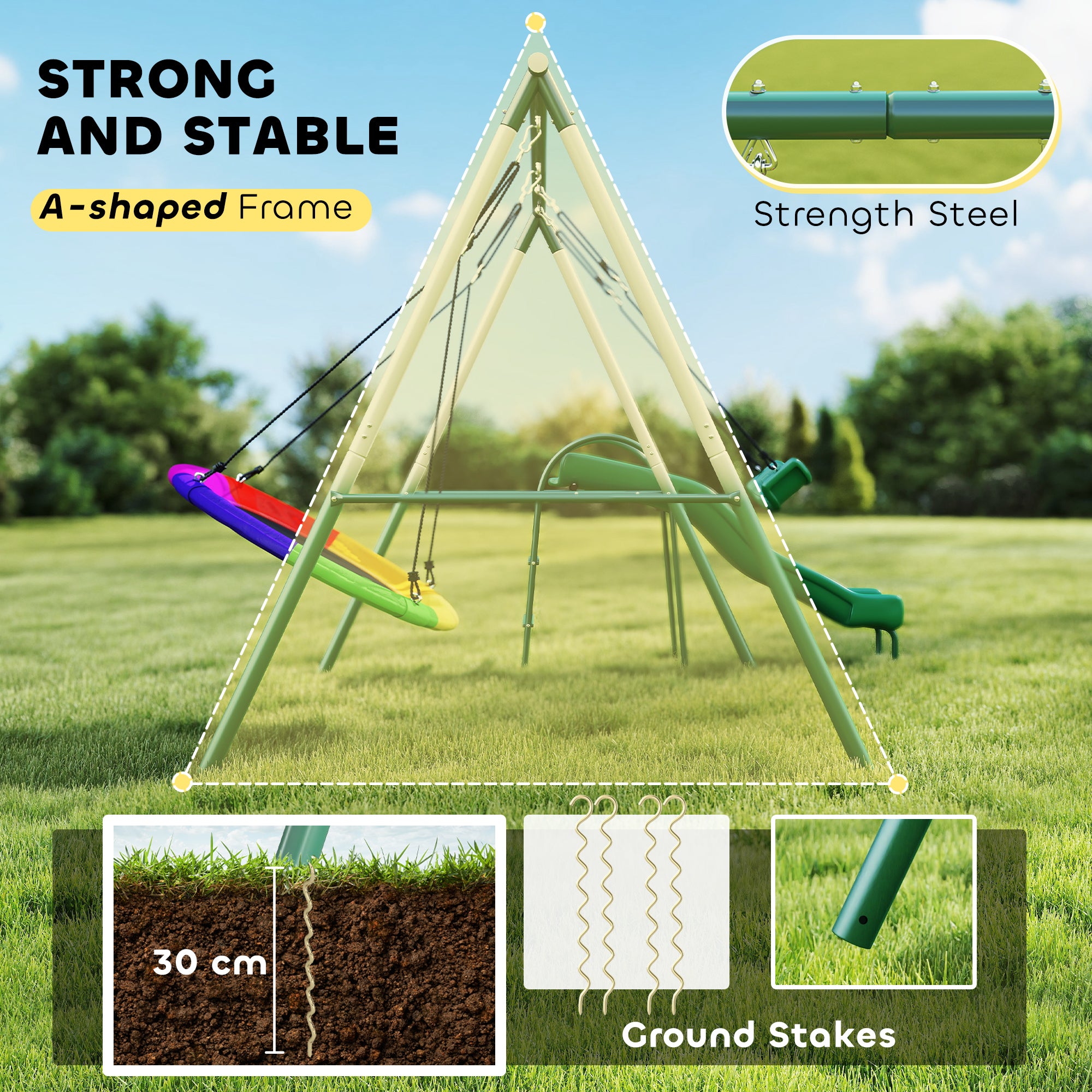 Qaba Metal Swing Set with Slide, Saucer Swing Seat, Heavy Duty A-Frame Stand and Adjustable Rope for Backyard, Dark Green
