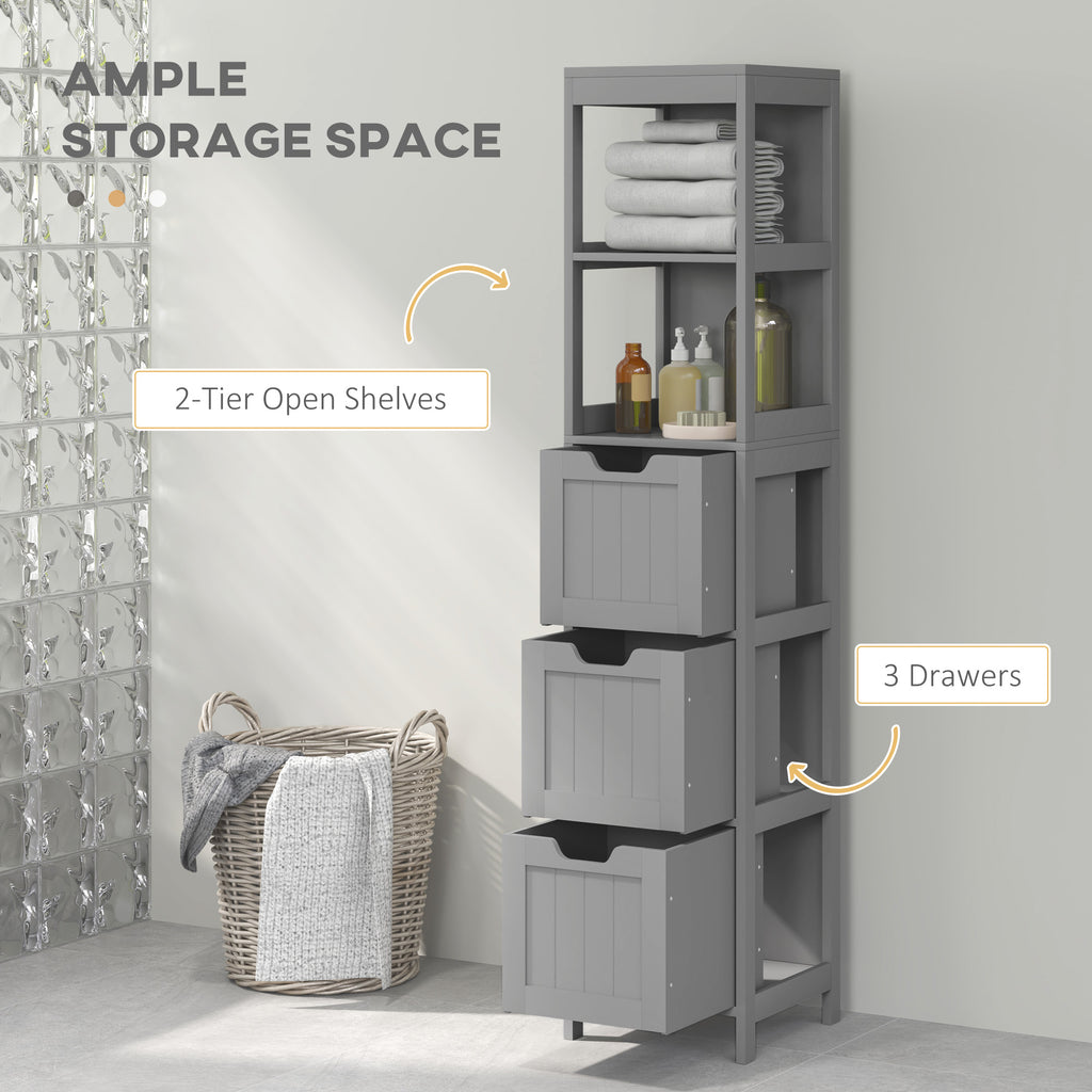 Narrow Bathroom Cabinet with 3 Drawers and 2 Tier Shelf, Tall Cupboard Freestanding Linen Tower, White