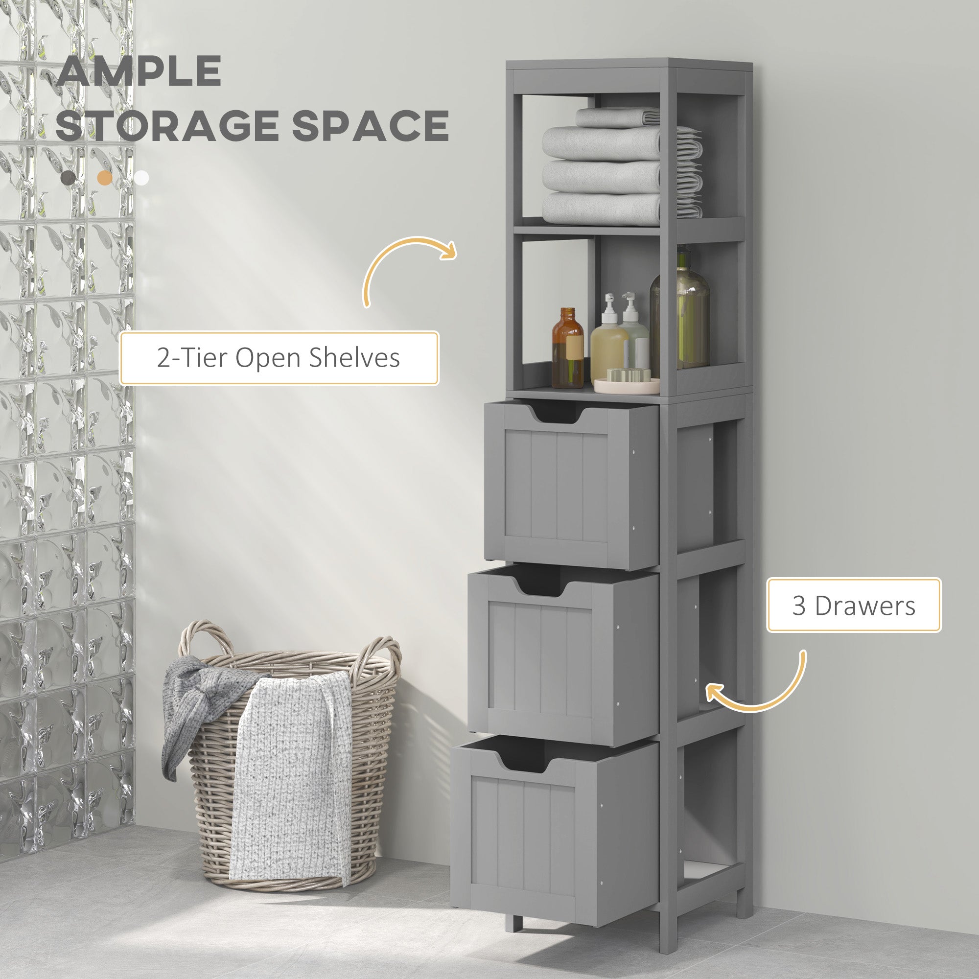Narrow Bathroom Cabinet with 3 Drawers and 2 Tier Shelf, Tall Cupboard Freestanding Linen Tower, White