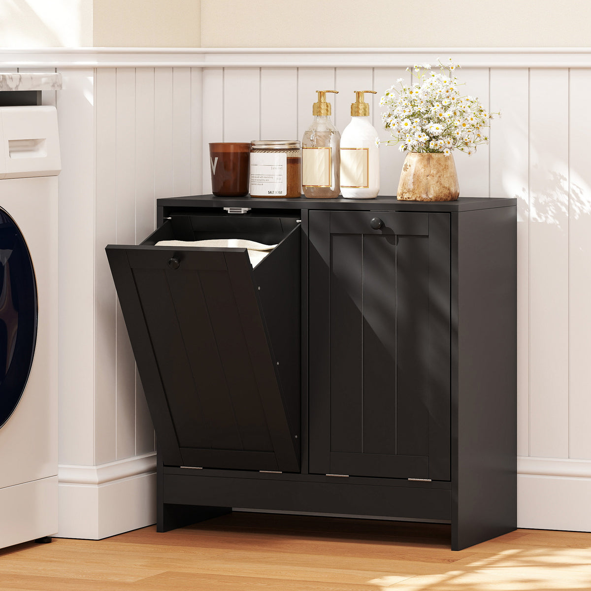 Tilt-Out Laundry Storage Cabinet, Modern Laundry Hamper with 2 Compartments for Bathroom Washroom, White