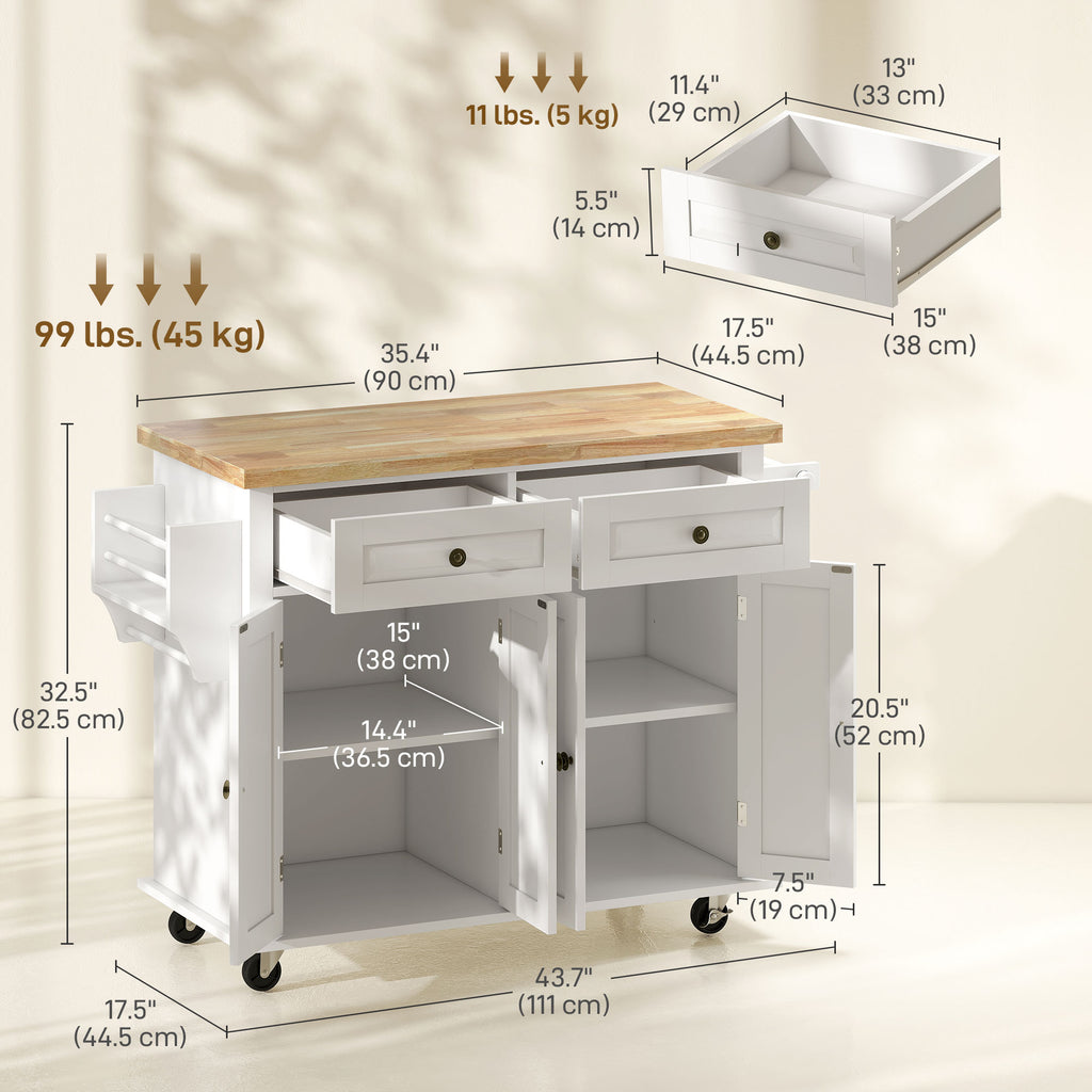 Kitchen Island with Storage, Rolling Trolley Cart with Rubber Wood Top, Spice Rack, Towel Rack, Grey