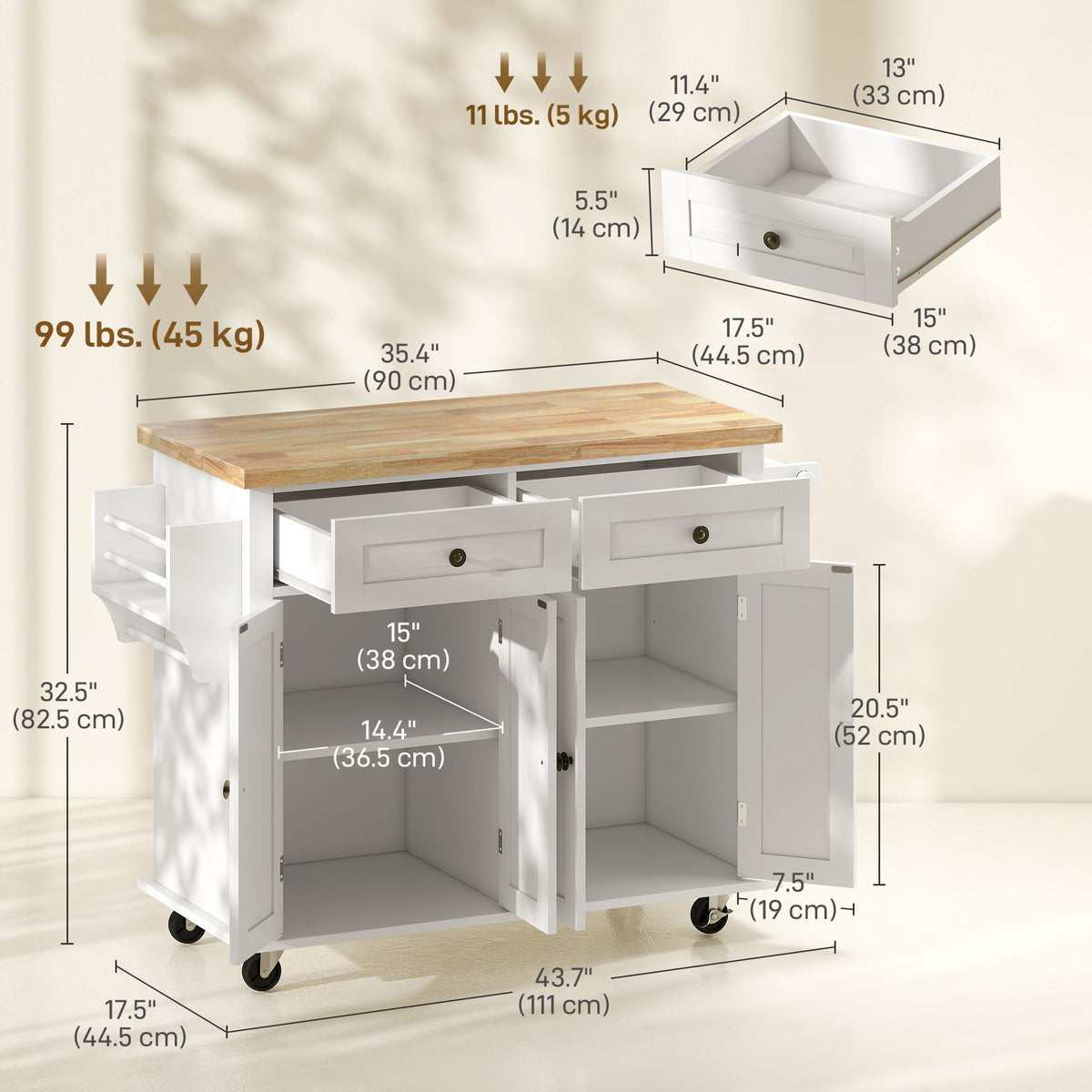 Kitchen Island with Storage, Rolling Trolley Cart with Rubber Wood Top, Spice Rack, Towel Rack, Grey