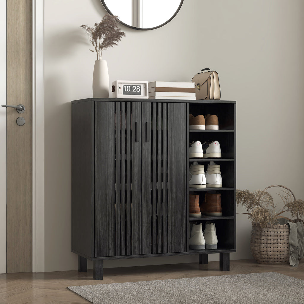 Shoe Storage with Double Doors and Open Shelves 17 Pair Shoe Storage Organizer for Entryway Hallway Walnut