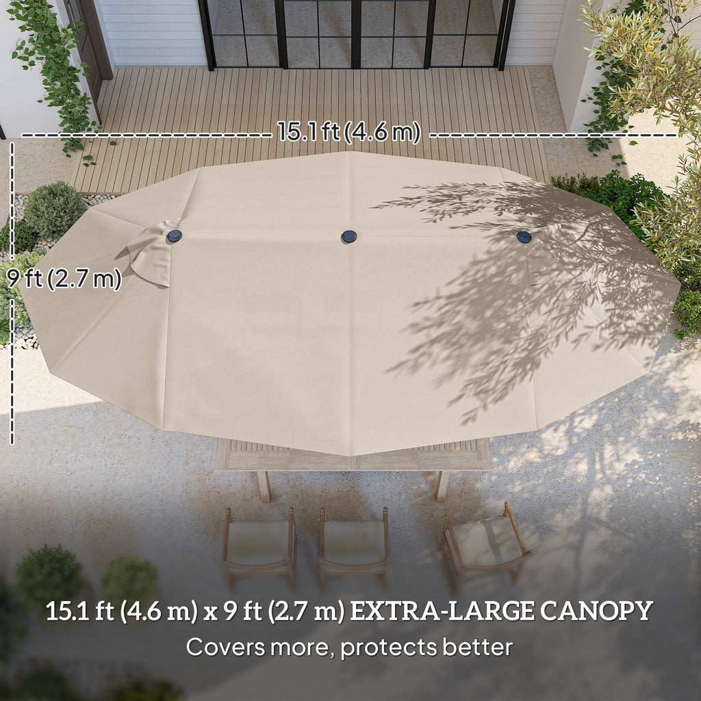 15' Outdoor Patio Umbrella with Twin Canopy Sunshade Steel Table Umbrella w/ Lift Crank, Cross Base, Sandbag, Khaki