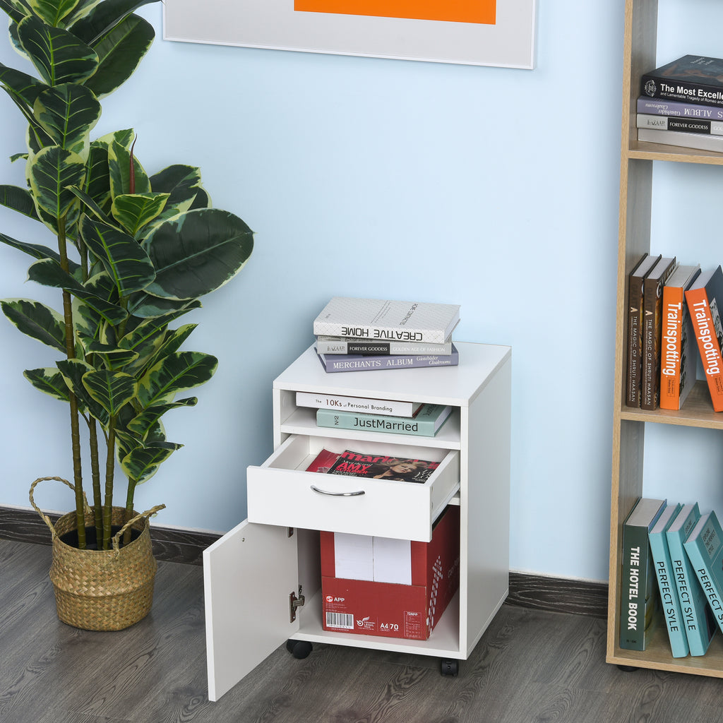24" Small Filing Cabinet with Open Compartment, Drawer and Wheels, Home Office Storage Cabinet, Black
