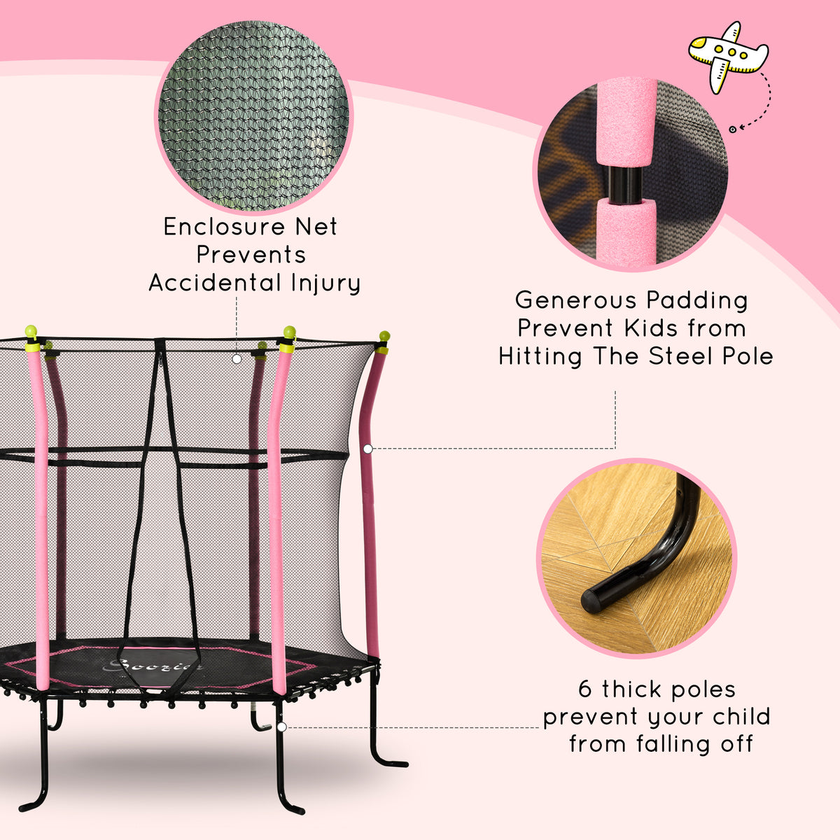 Soozier 63" Kids Trampoline Mini Indoor Bouncer Jumper with Enclosure Net Elastic Thick Padded Pole Gift for 3-6 Years, Pink