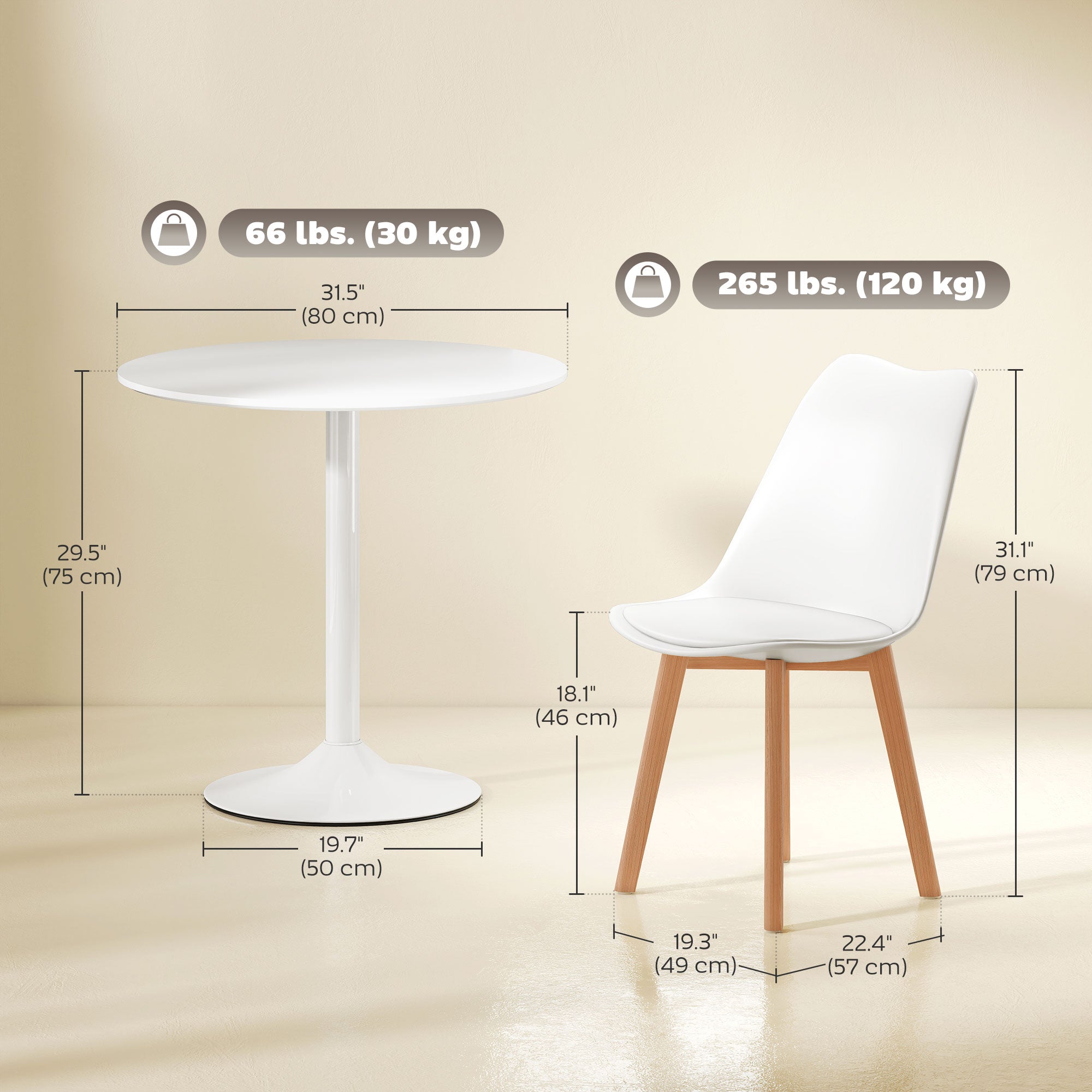 Round Dining Table Set for 4 with Pedestal Base, PU Padded Seats, for Small Space, Apartment, White