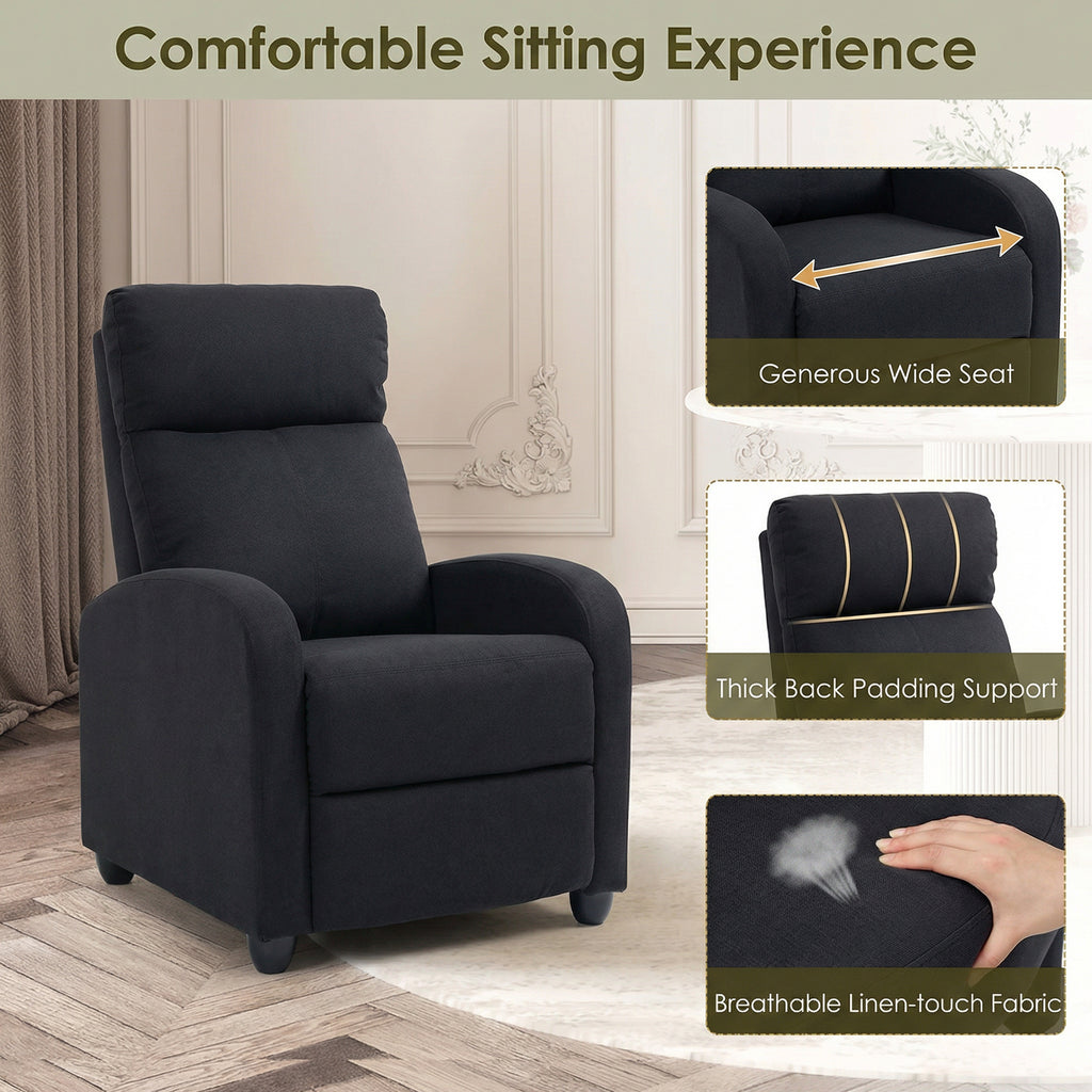 Single Recliner Sofa, Manual Home Theater Seating, Single Reclining Sofa Chair with Padded Seat for Living Room, Black