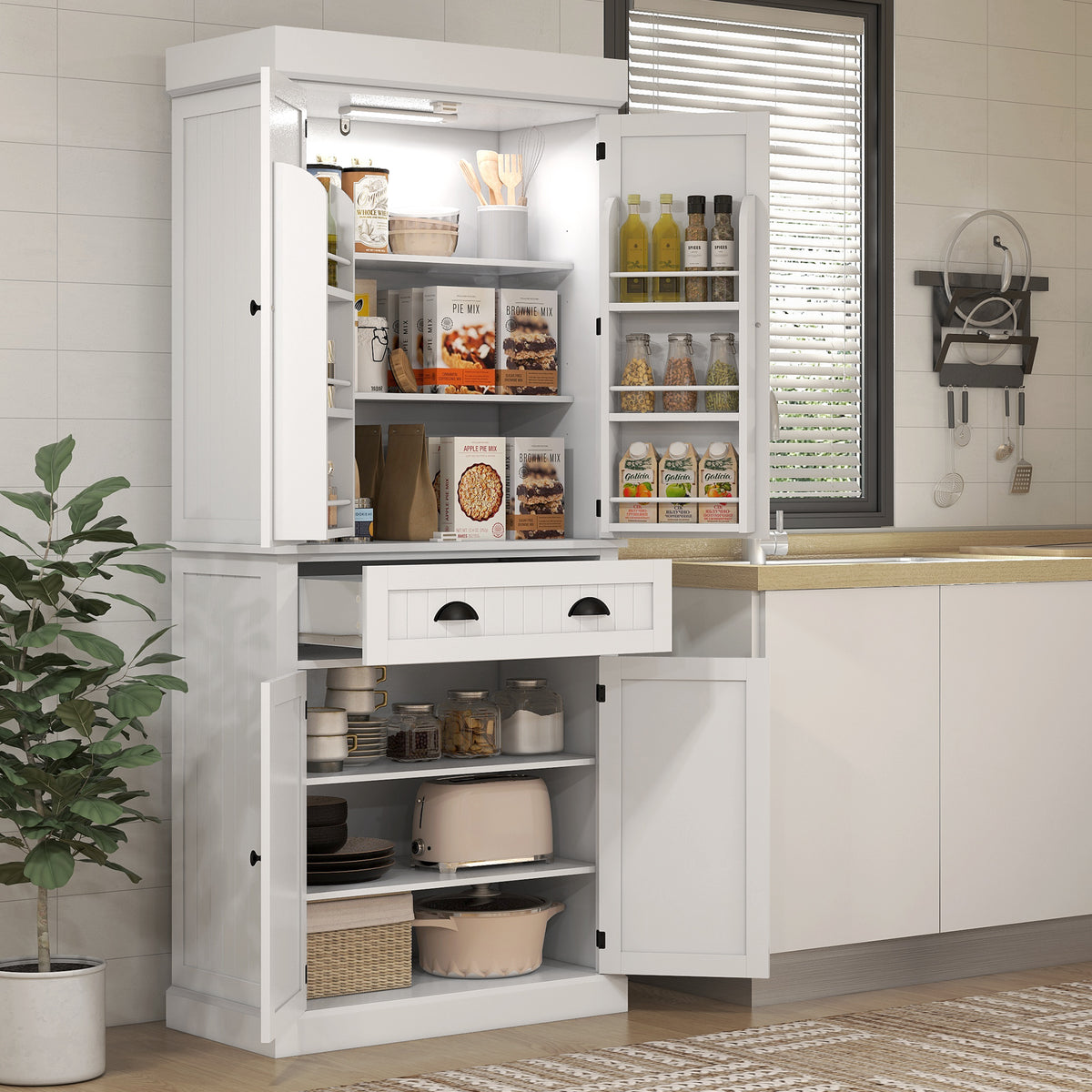 71" Kitchen Pantry Cabinet with LED Lights, 6 Spice Racks, a Drawer and 4 Adjustable Shelves, White