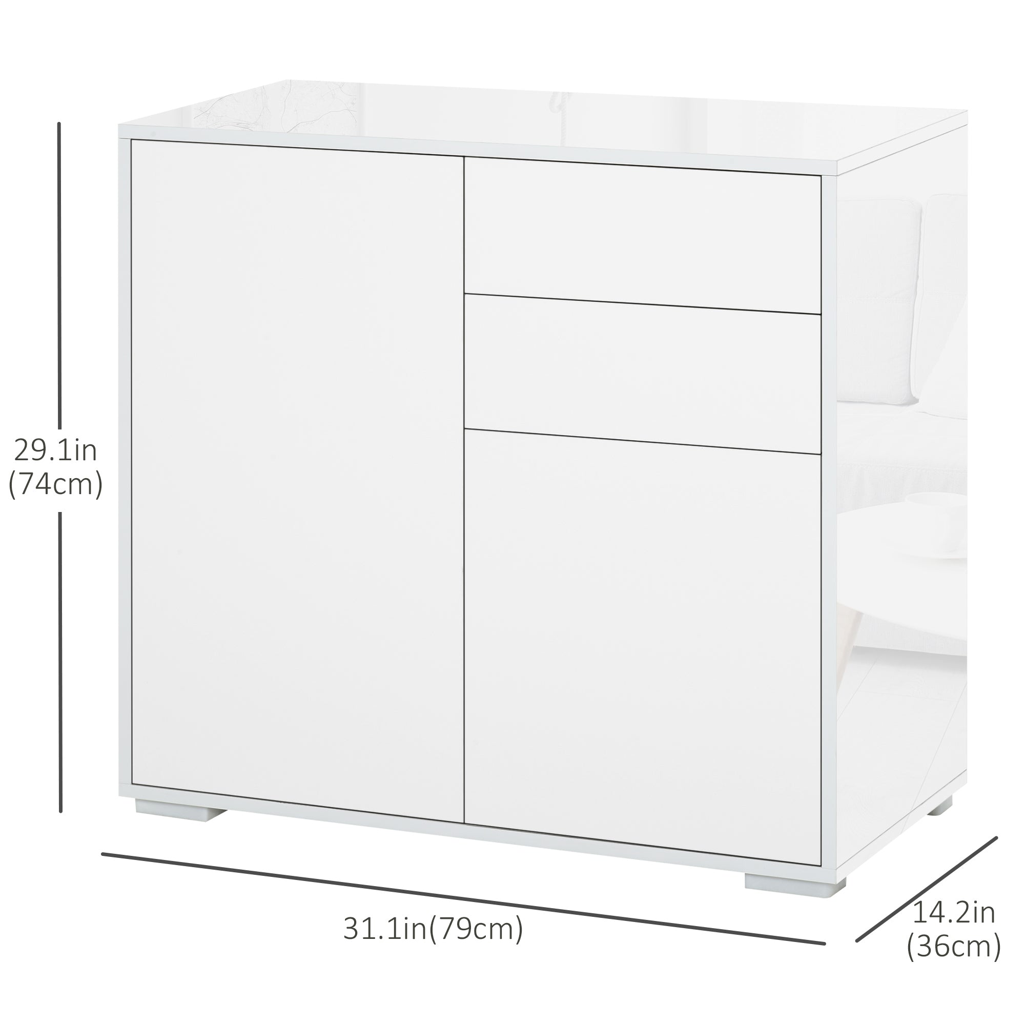 High Gloss Buffet Sideboard with 2 Drawers, 2 Doors and Adjustable Shelf, Kitchen Storage Cabinet with Push Open Design, White