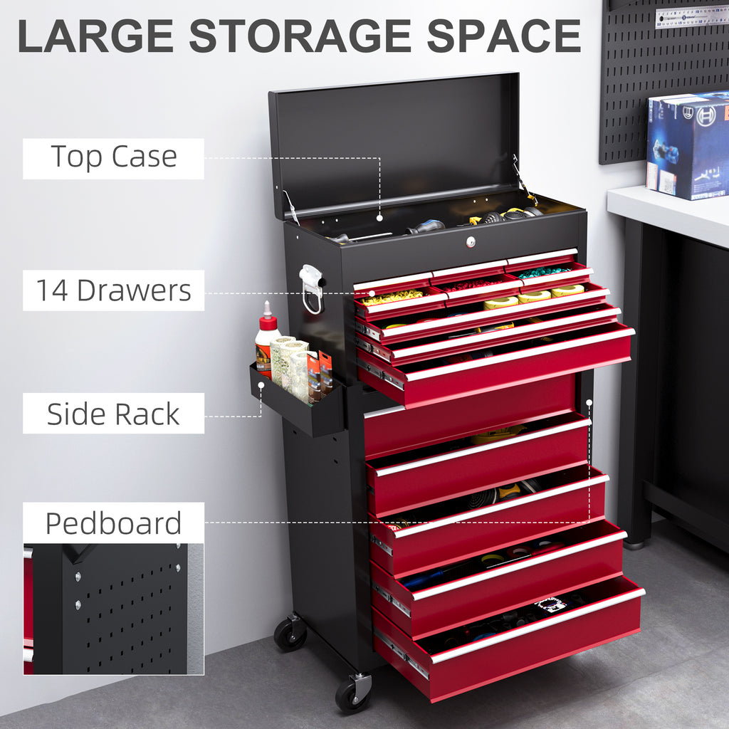 14 Drawer Rolling Tool Chest, Lockable Tool Storage Cabinet with Detachable Top Toolbox, Protective Liner, Black