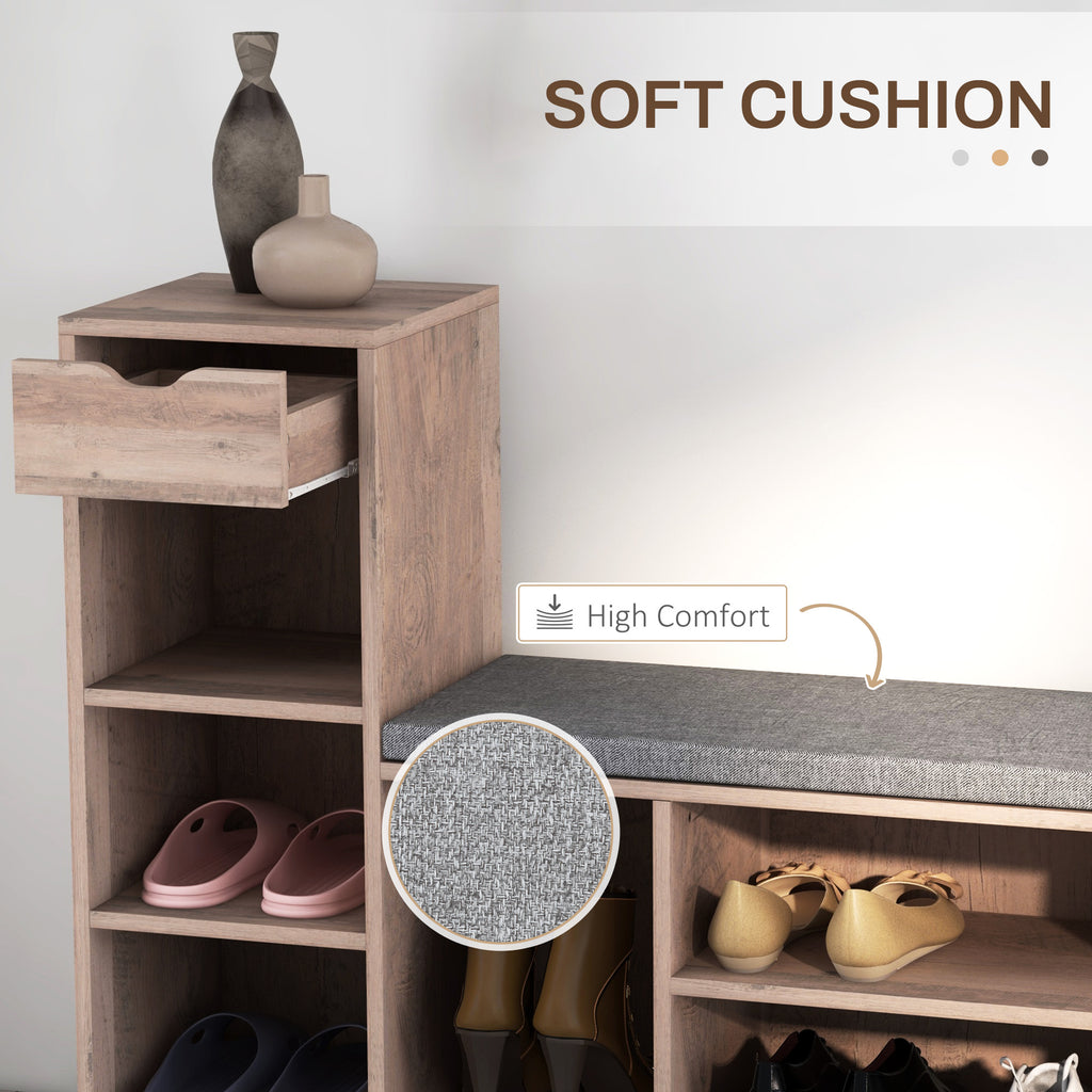 Upholstered Shoe Storage Bench w/ Seat, Entrance Bench w/ Drawer and 6 Open Shelves for Hallway, White