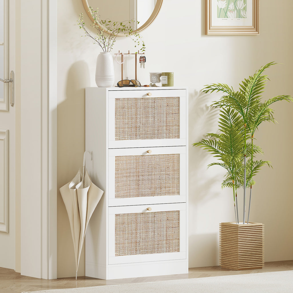 Rattan Shoe Storage Cabinet with 3 Flip Drawers and Adjustable Shelves, Entryway Shoe Cabinet for 18 Pairs, Black