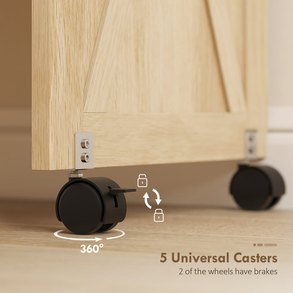 Sewing Machine Table on Wheels, Folding Craft Table with 2 Bins, Storage Shelf, 18 Pegs, Lockable Wheels, Natural