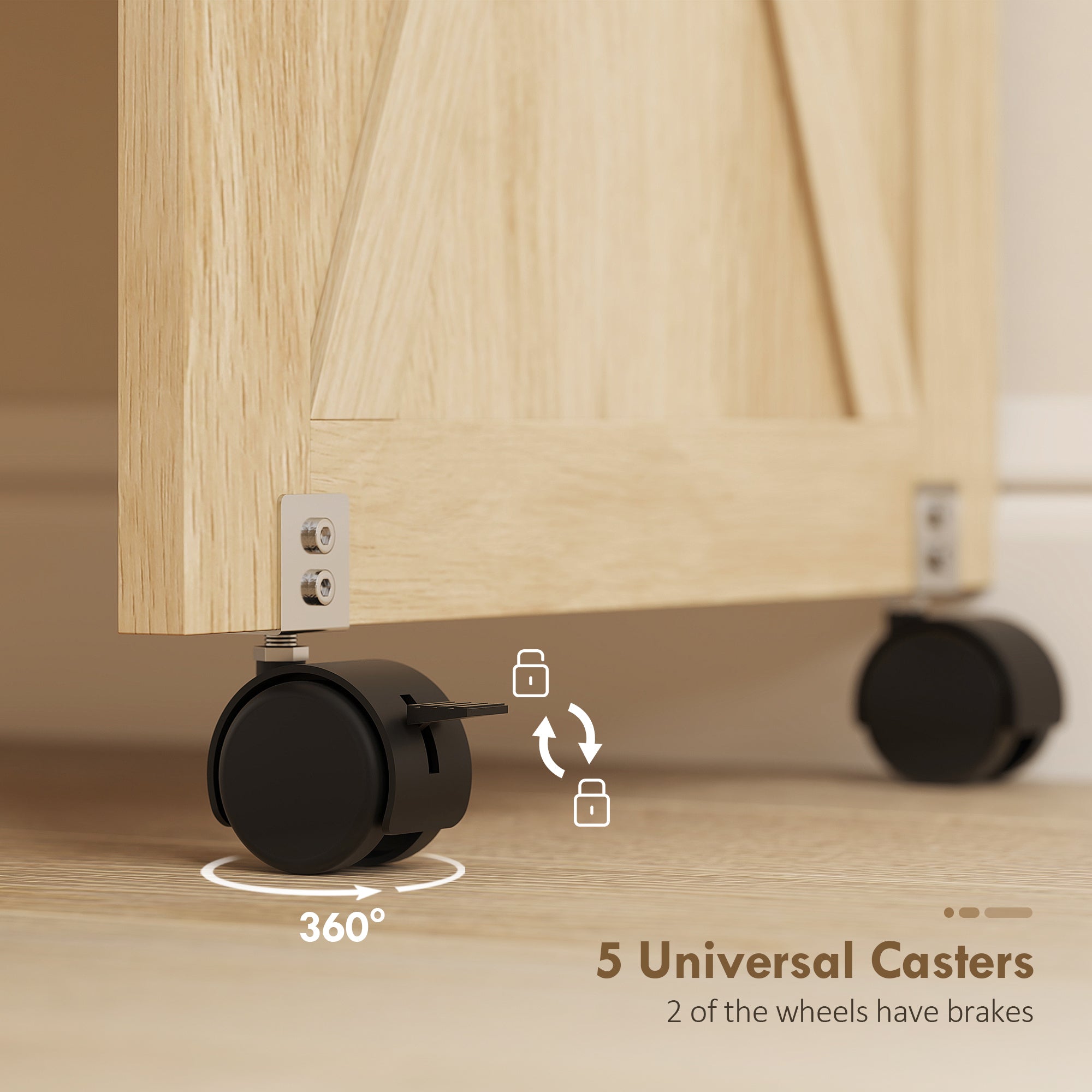 Sewing Machine Table on Wheels, Folding Craft Table with 2 Bins, Storage Shelf, 18 Pegs, Lockable Wheels, Natural