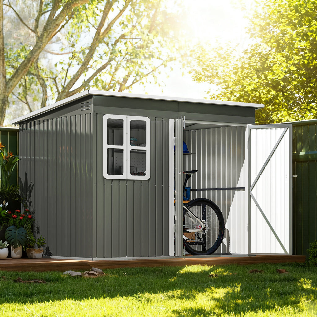 8.5' x 6' Galvanised Steel Outdoor Storage Shed, Garden Shed with Window, Lockable Wide Doors and Air Vents, Grey