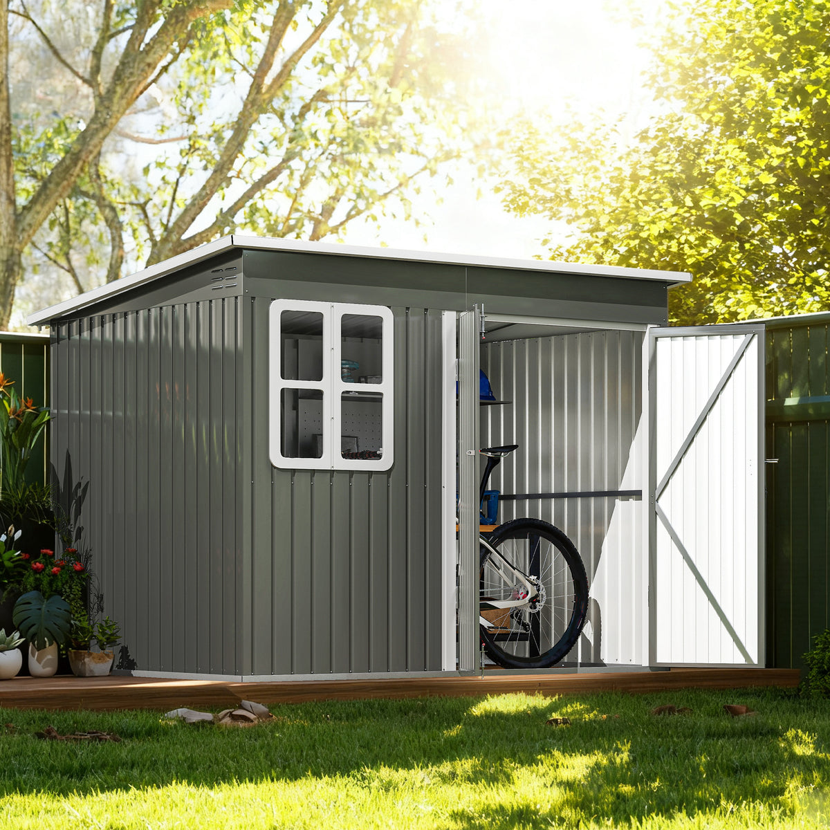 8.5' x 6' Galvanised Steel Outdoor Storage Shed, Garden Shed with Window, Lockable Wide Doors and Air Vents, Grey